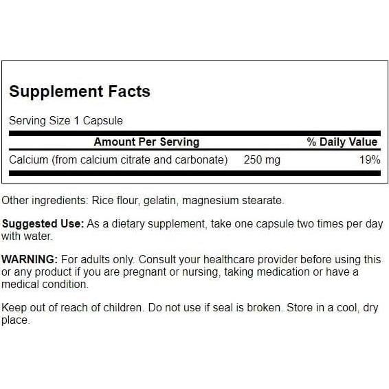 Suplemento de Citrato de Calcio Swanson 250 mg 100 Cápsulas