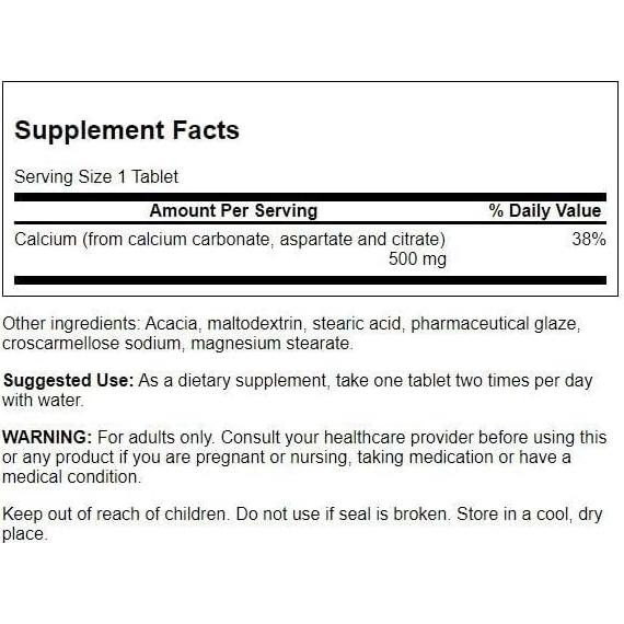 Suplemento de Calcio Swanson 500 mg 100 Tabletas Salud Ósea