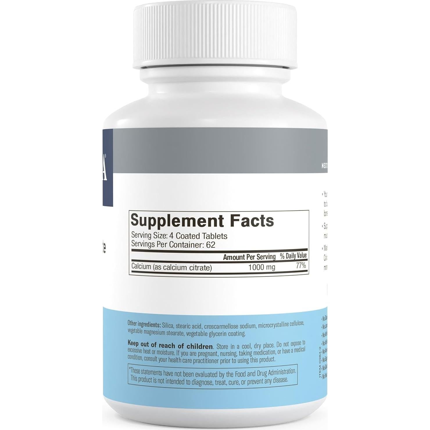 Suplemento de Calcio Citrato Freeda 1000mg - Vegano Kosher - 250 Tabletas