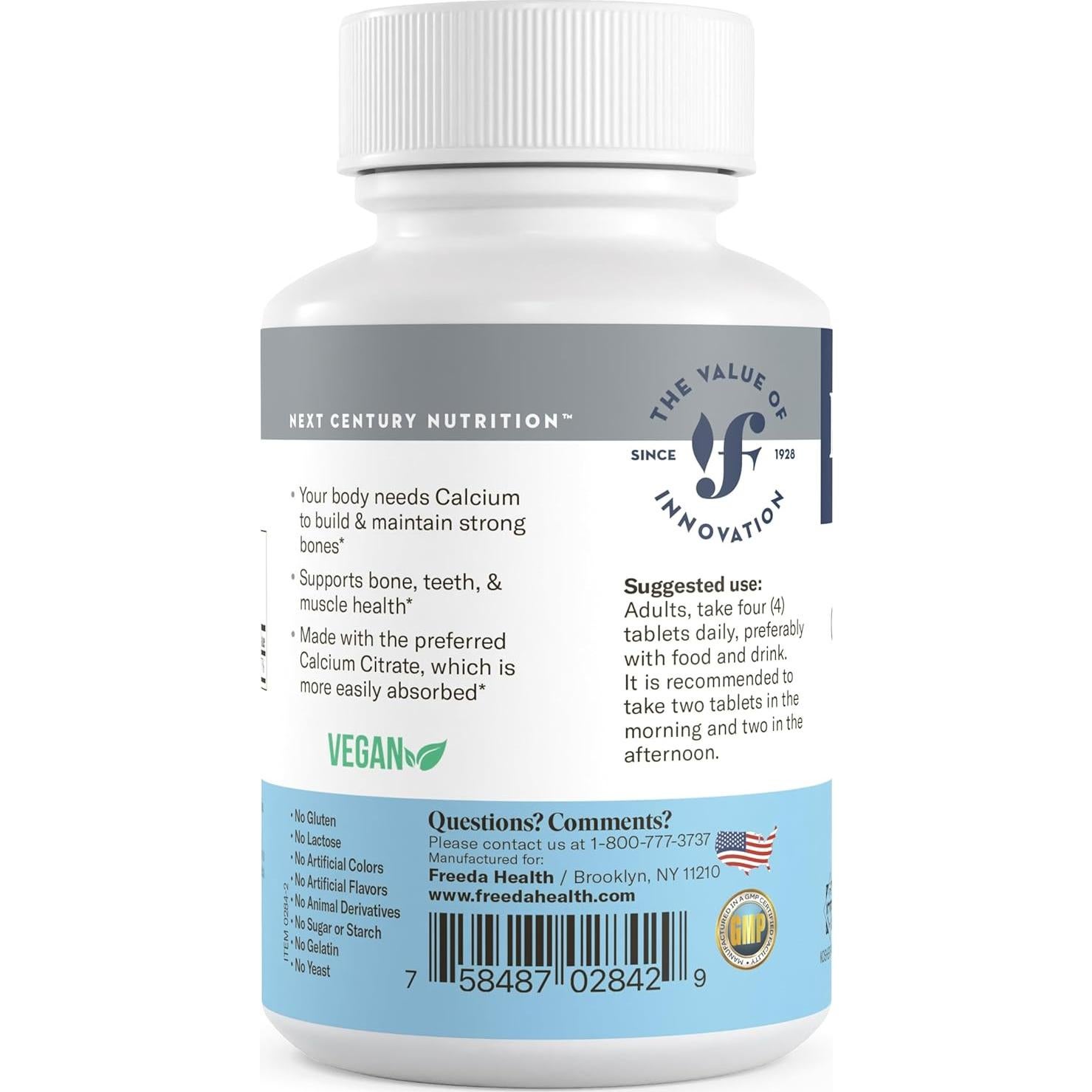 Suplemento de Calcio Citrato Freeda 1000mg - Vegano Kosher - 250 Tabletas