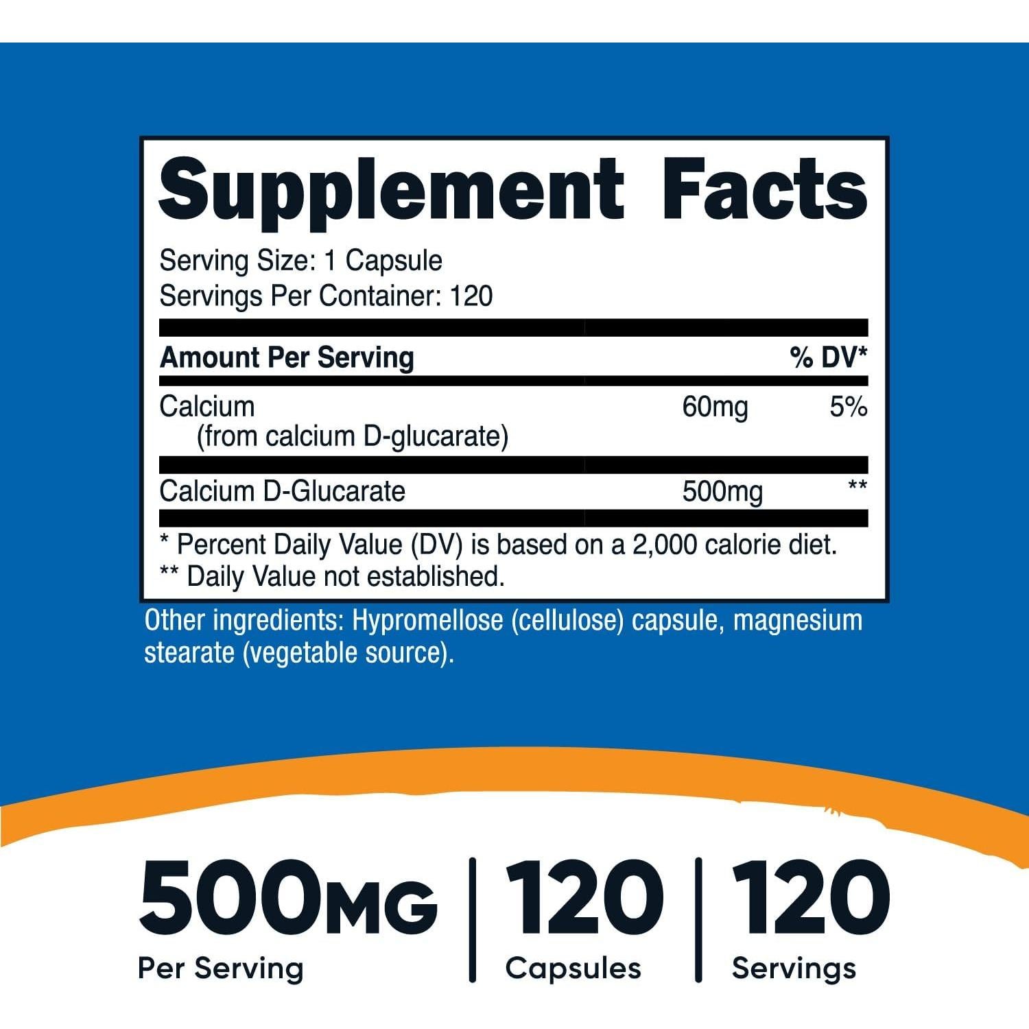Suplemento Nutricost Glucarato de Calcio D 500mg 120 Cápsulas