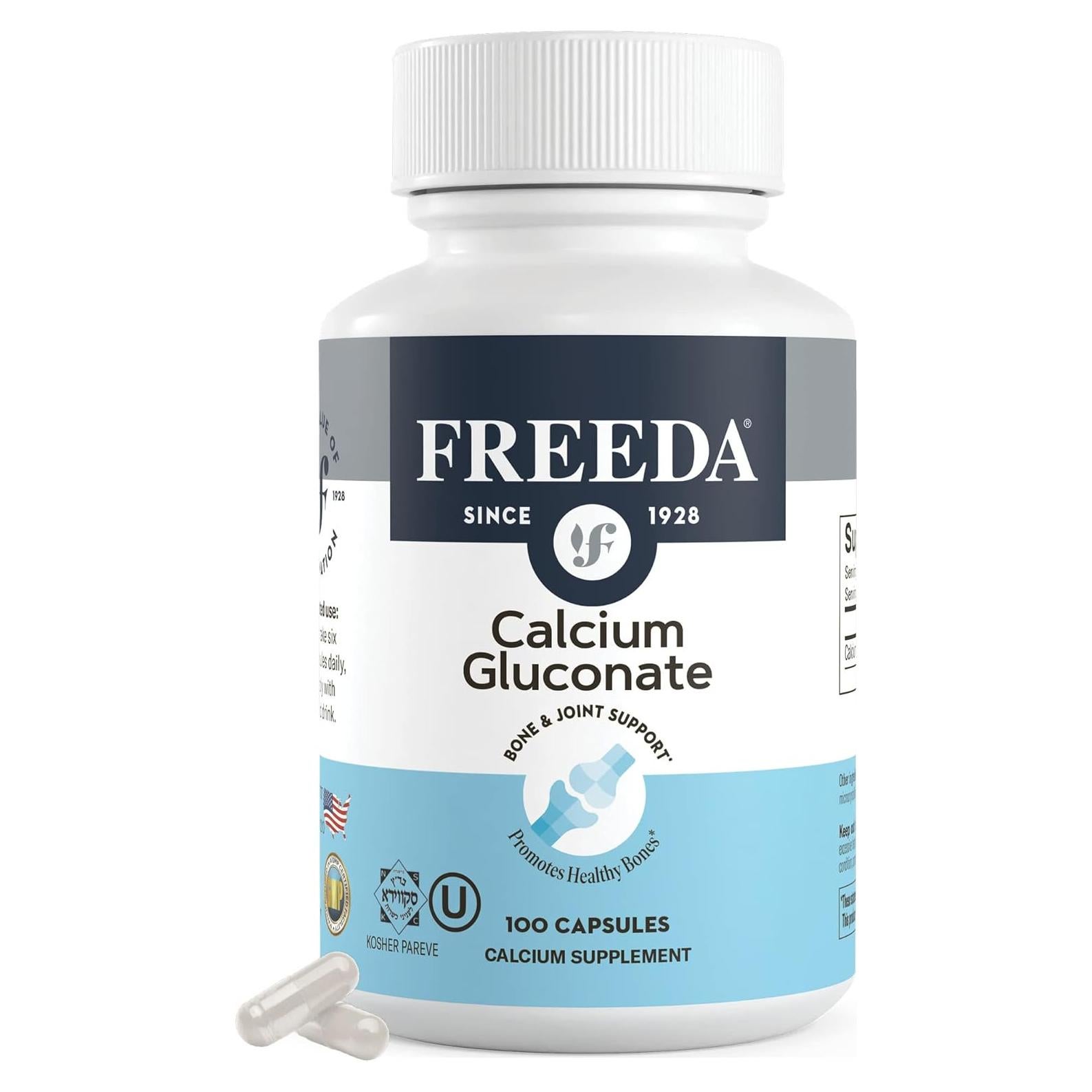 Suplemento de Calcio Gluconato Freeda - Vegano Kosher - 100 Cápsulas