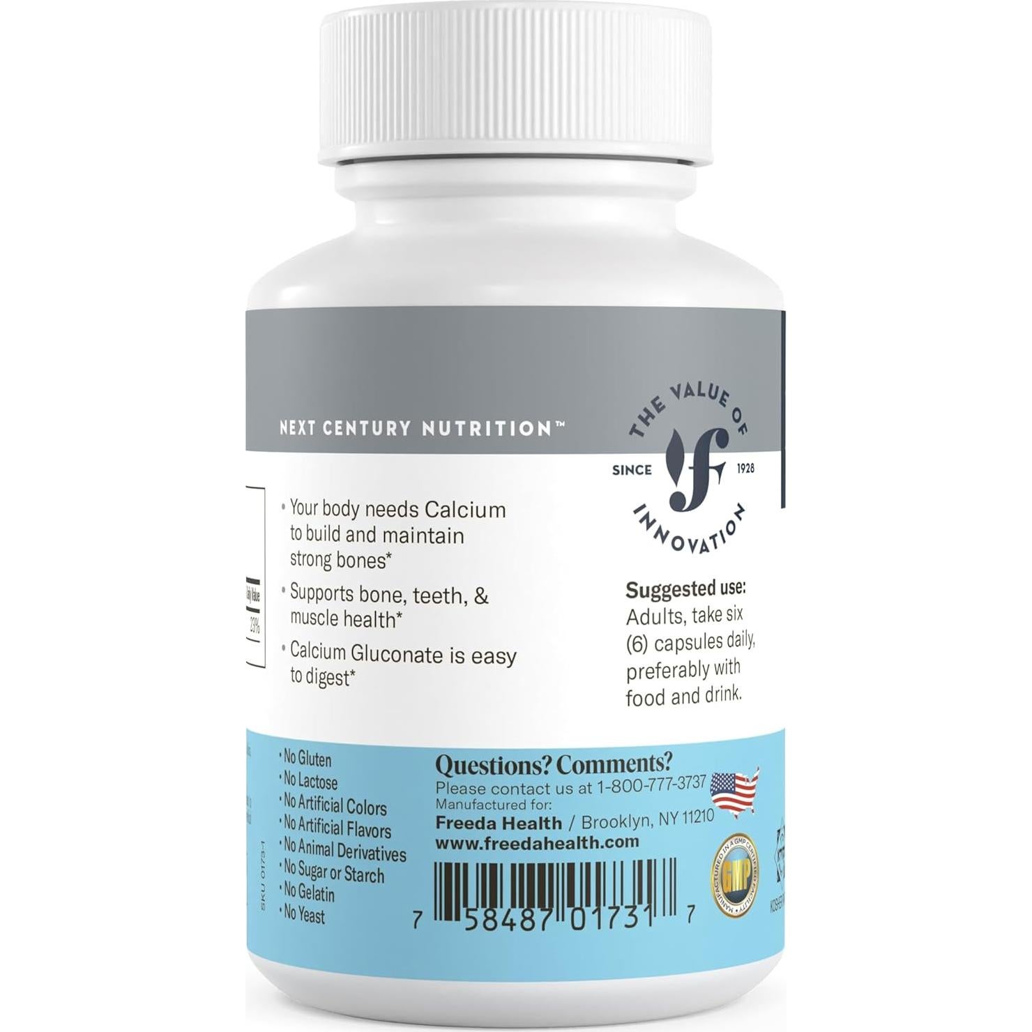 Suplemento de Calcio Gluconato Freeda - Vegano Kosher - 100 Cápsulas