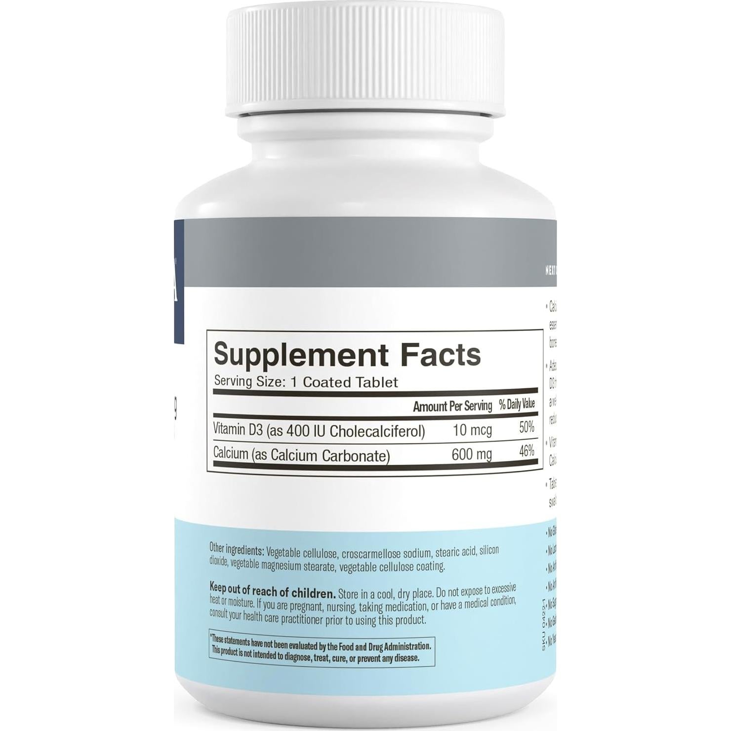 Suplemento de Calcio 600 mg + Vitamina D3 400 UI Freeda - 100 Tabletas