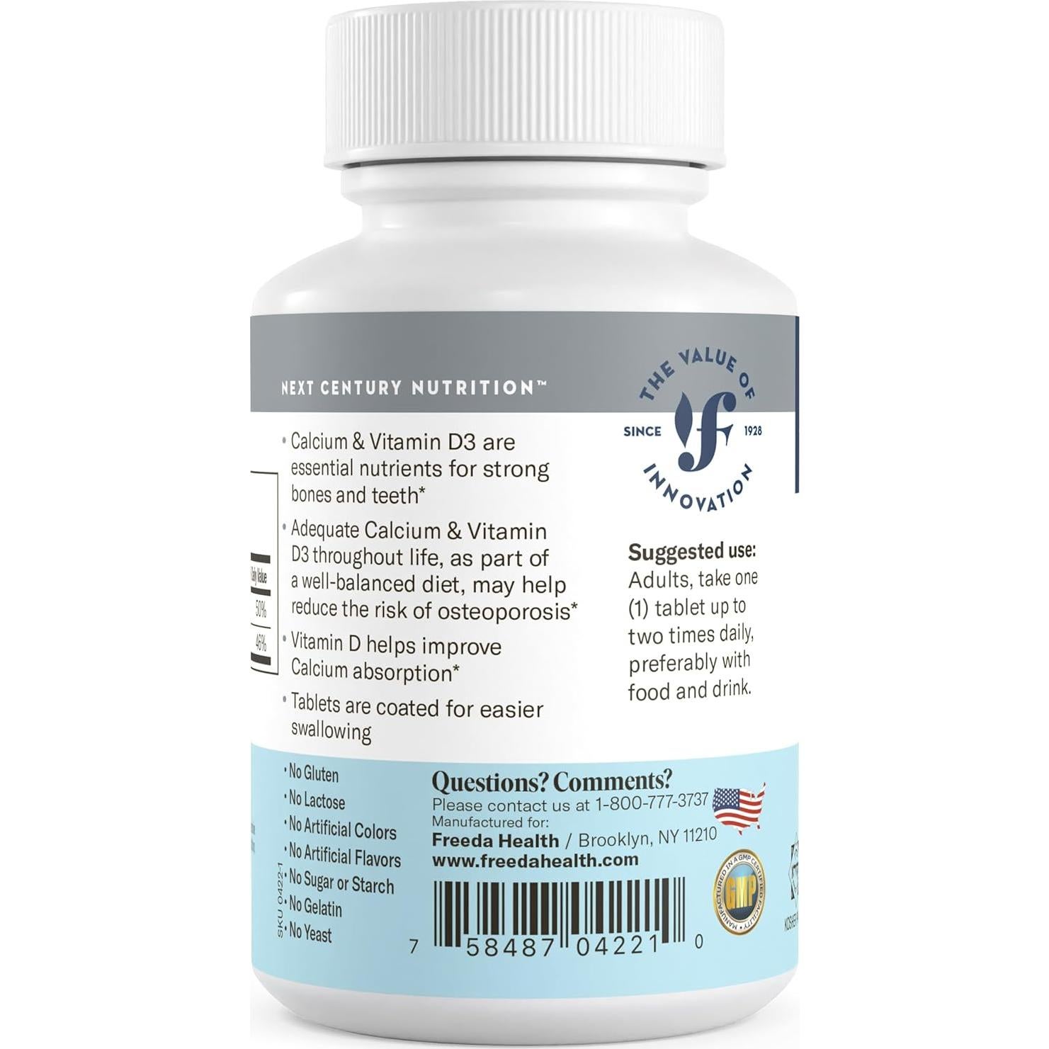 Suplemento de Calcio 600 mg + Vitamina D3 400 UI Freeda - 100 Tabletas