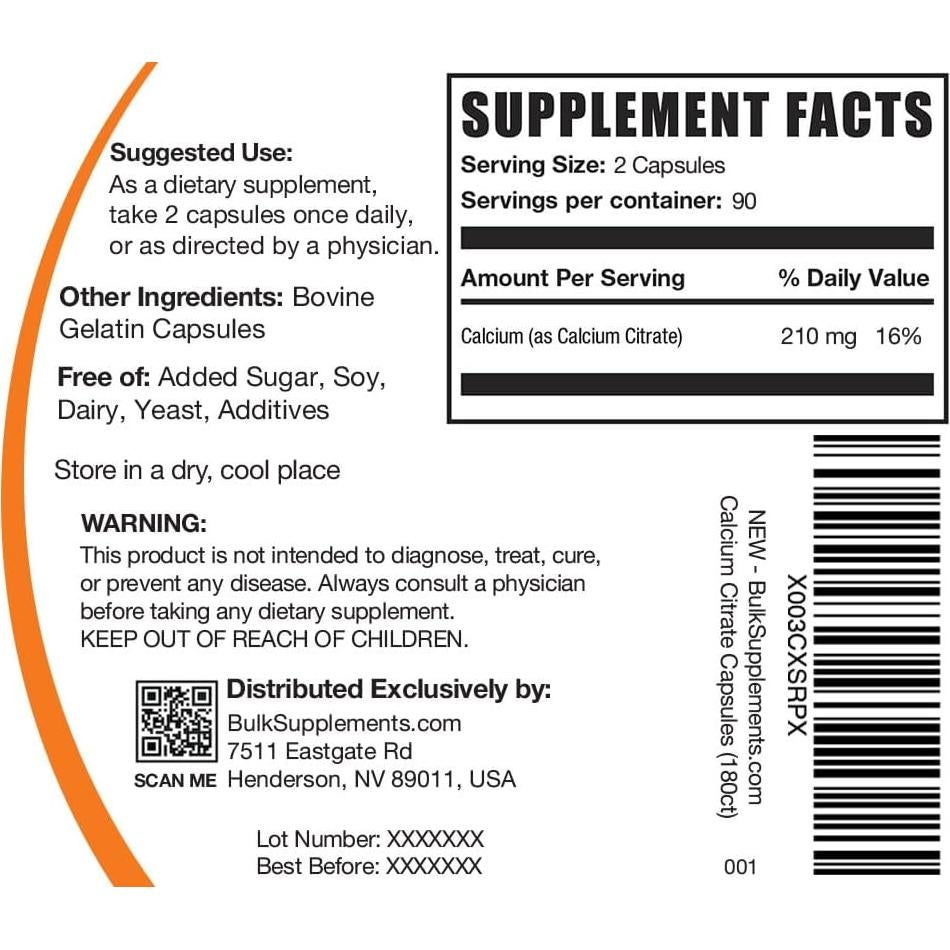 Cápsulas de Citrato de Calcio BulkSupplements 1000mg - 180 Unidades