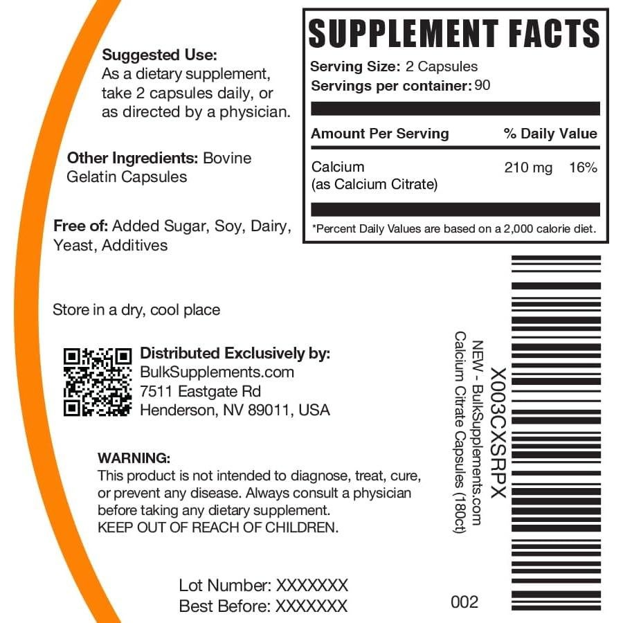 Cápsulas de Citrato de Calcio BulkSupplements 1000mg - 180 Unidades