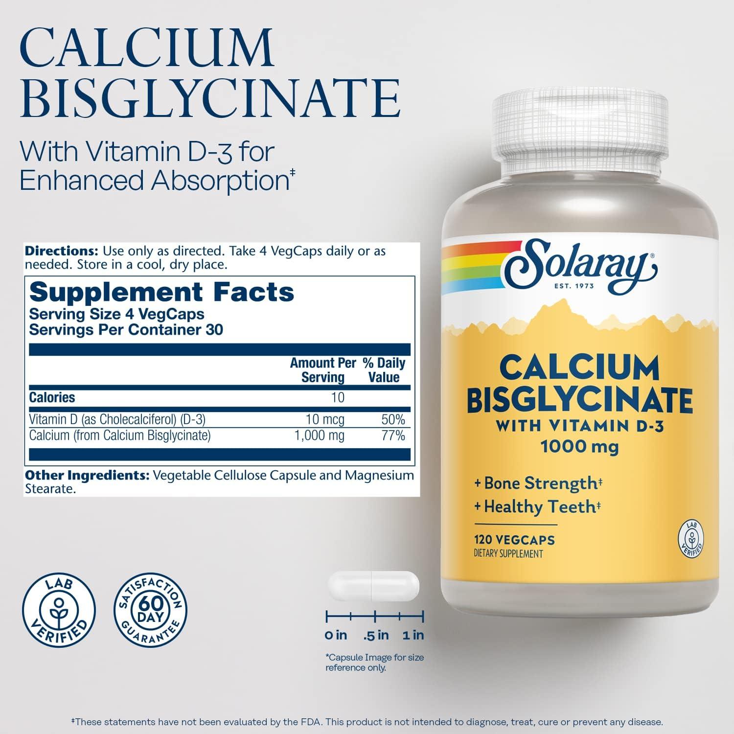 Suplemento de Calcio Bisglicinato Solaray 1000mg con Vitamina D3