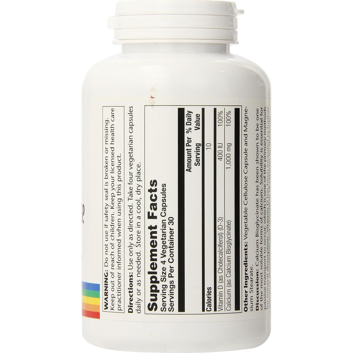 Suplemento de Calcio Bisglicinato Solaray 1000mg con Vitamina D3