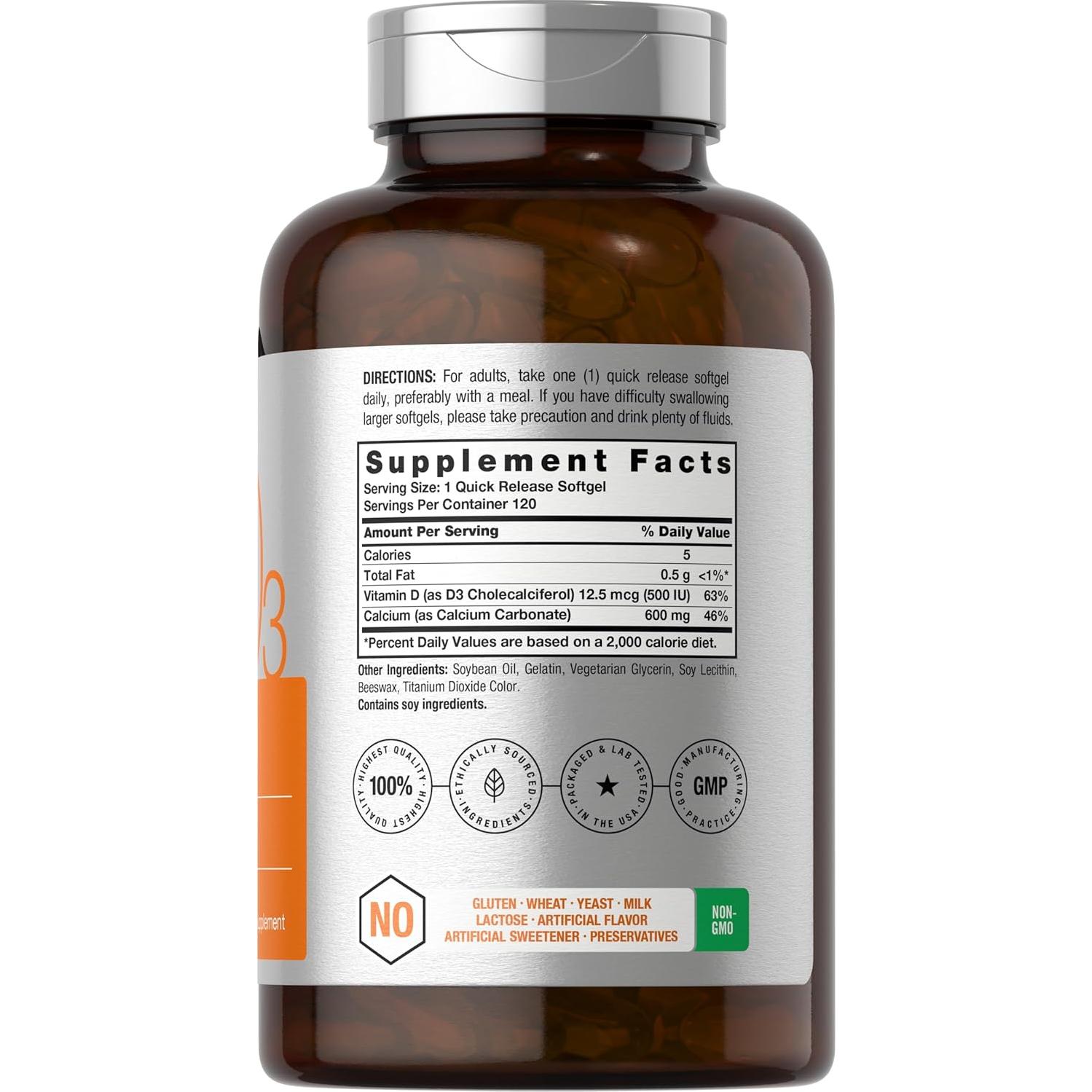 Suplemento de Calcio Horbäach 600 mg + Vitamina D3 120 Gelatinas