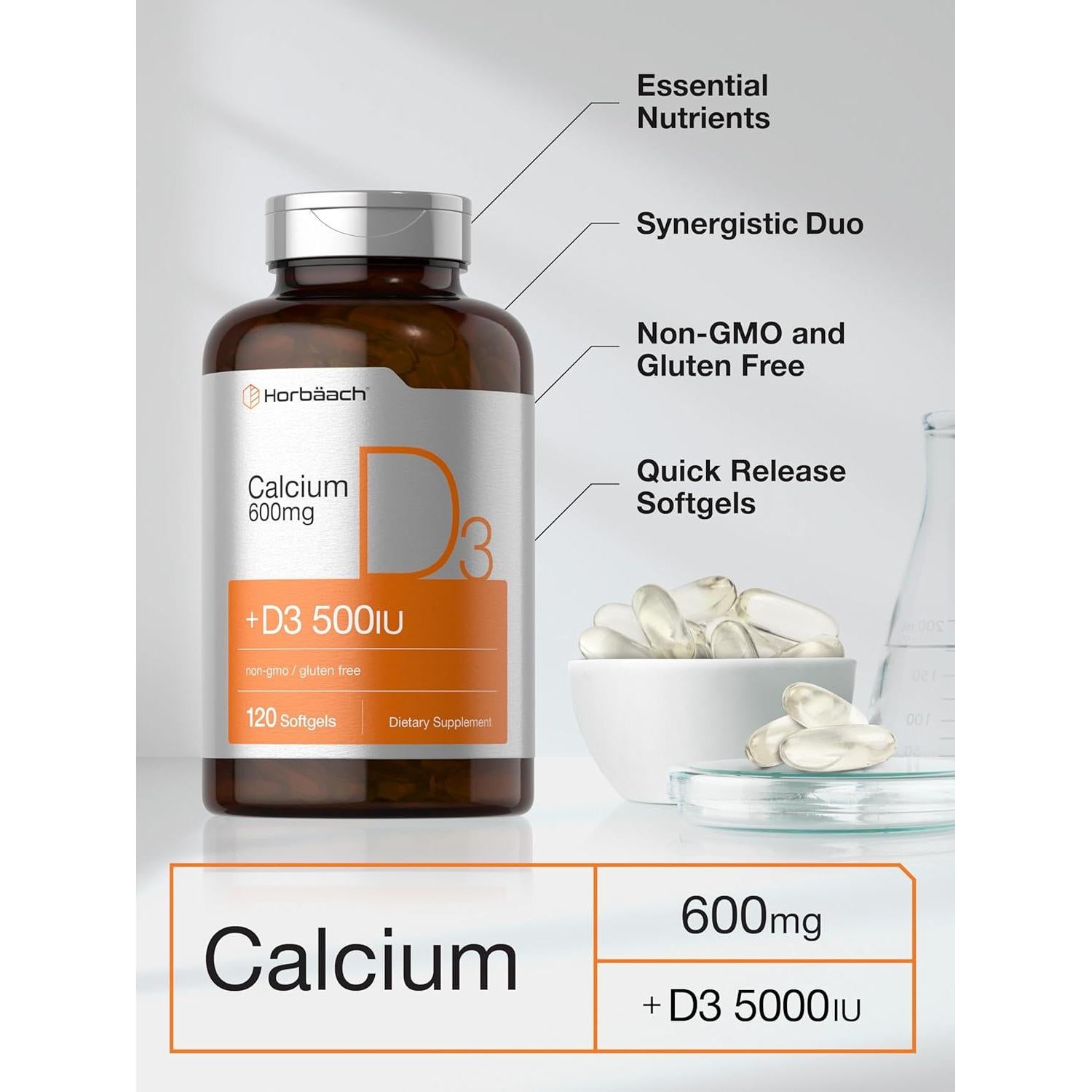 Suplemento de Calcio Horbäach 600 mg + Vitamina D3 120 Gelatinas