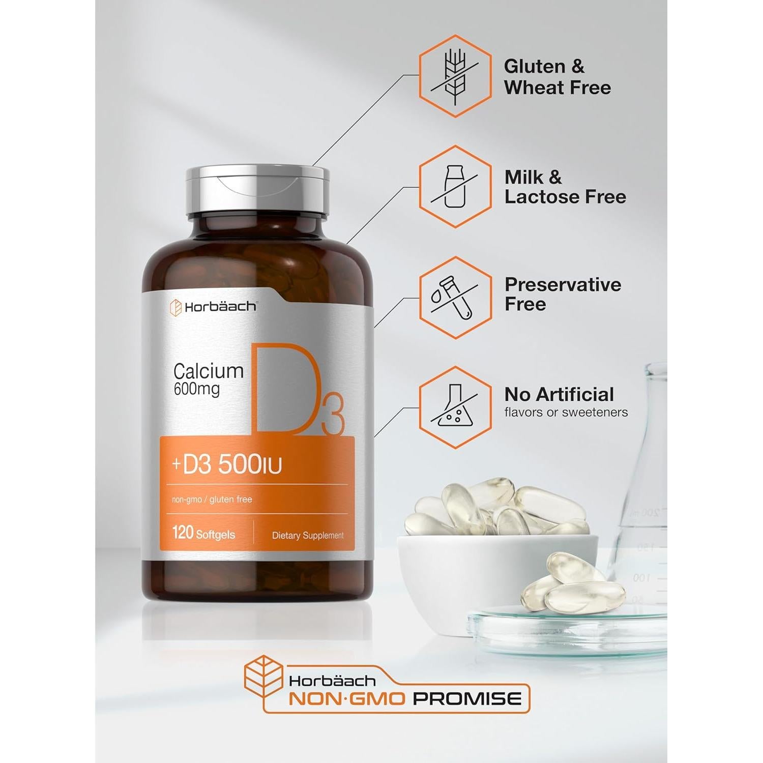 Suplemento de Calcio Horbäach 600 mg + Vitamina D3 120 Gelatinas