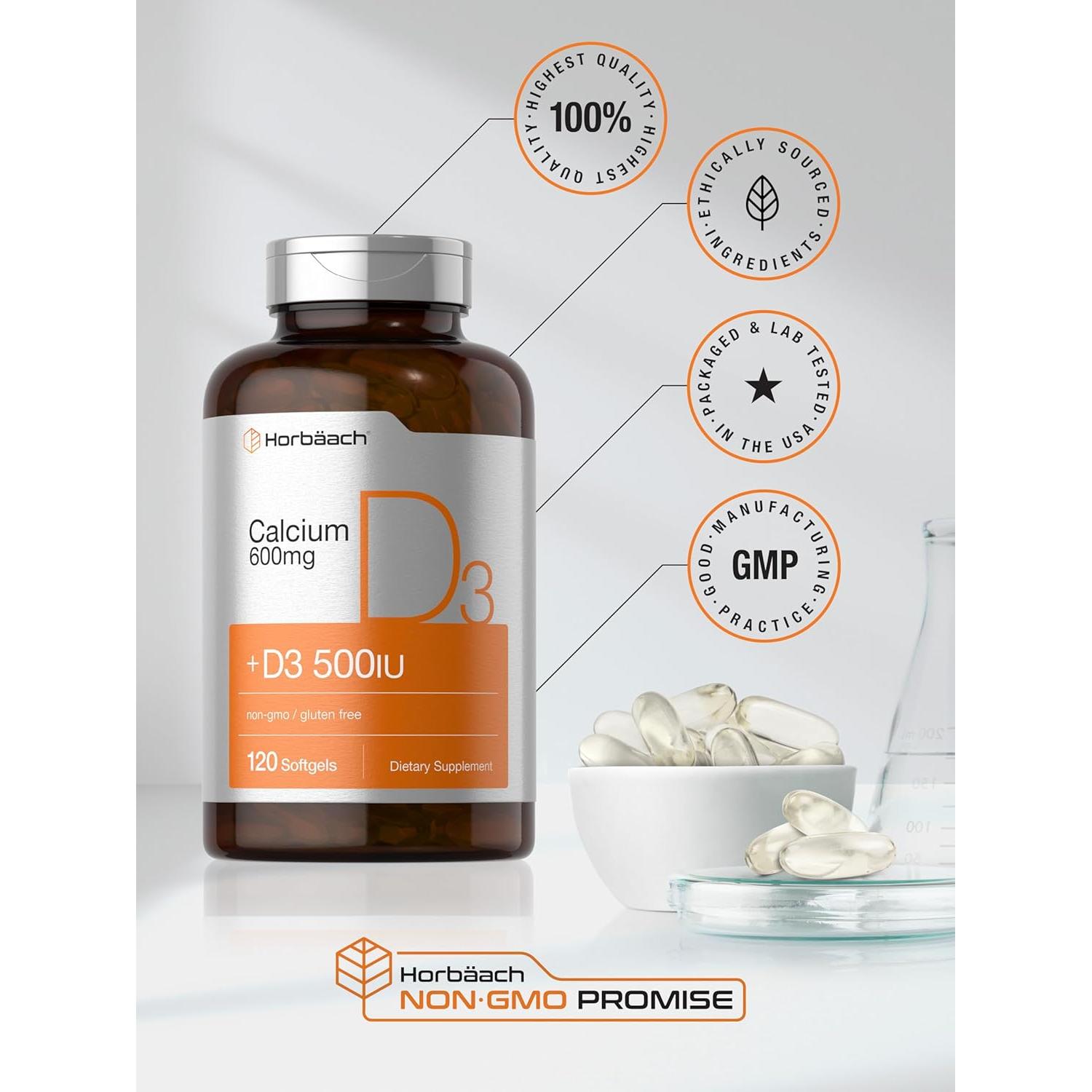 Suplemento de Calcio Horbäach 600 mg + Vitamina D3 120 Gelatinas