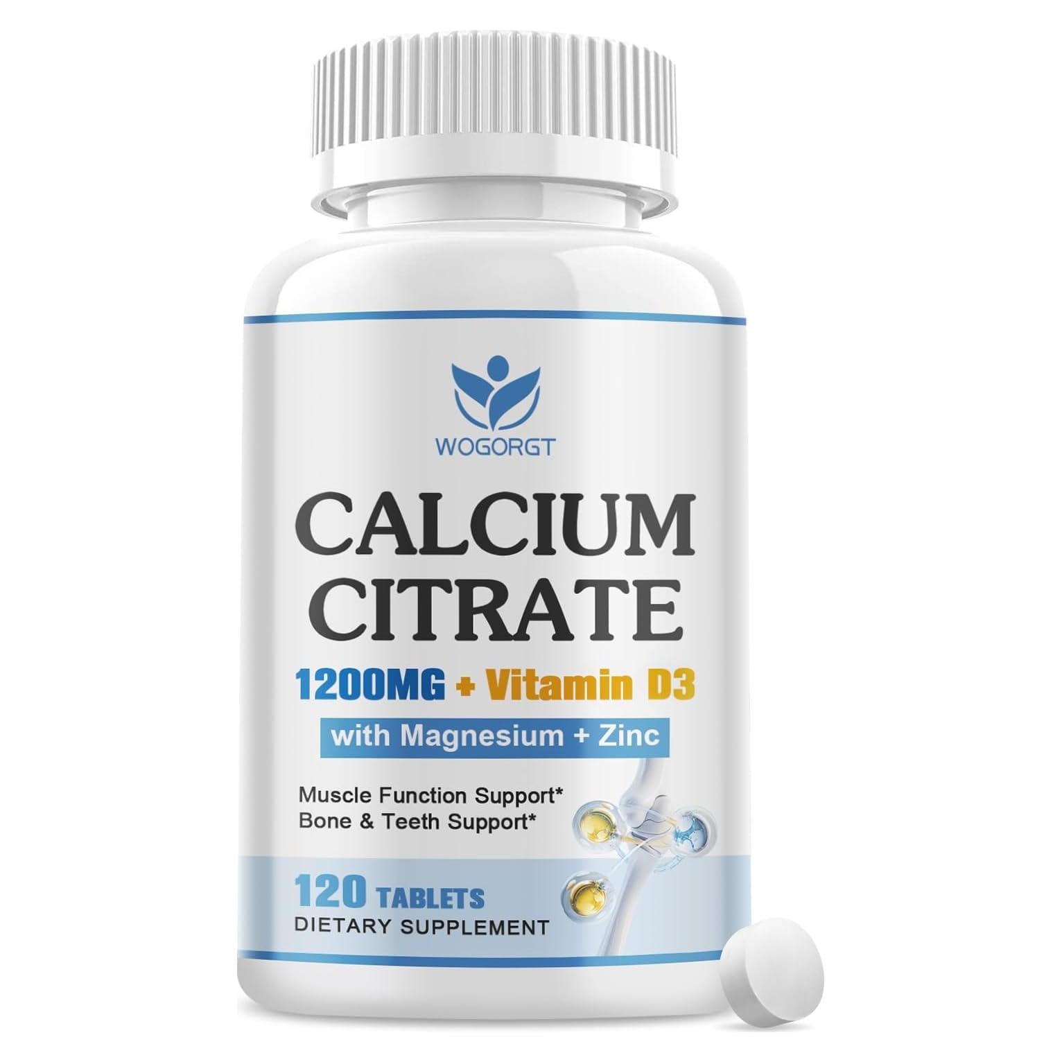 Suplemento de Citrato de Calcio 1200mg WOGORGT con D3 120 Tabletas
