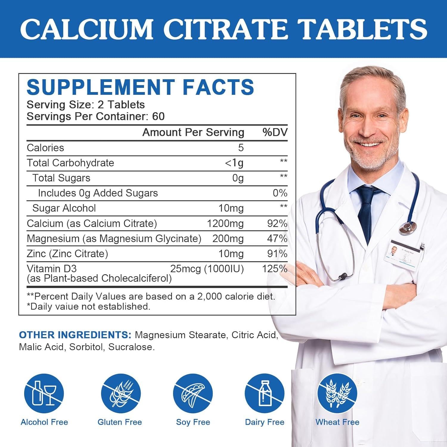 Suplemento de Citrato de Calcio 1200mg WOGORGT con D3 120 Tabletas