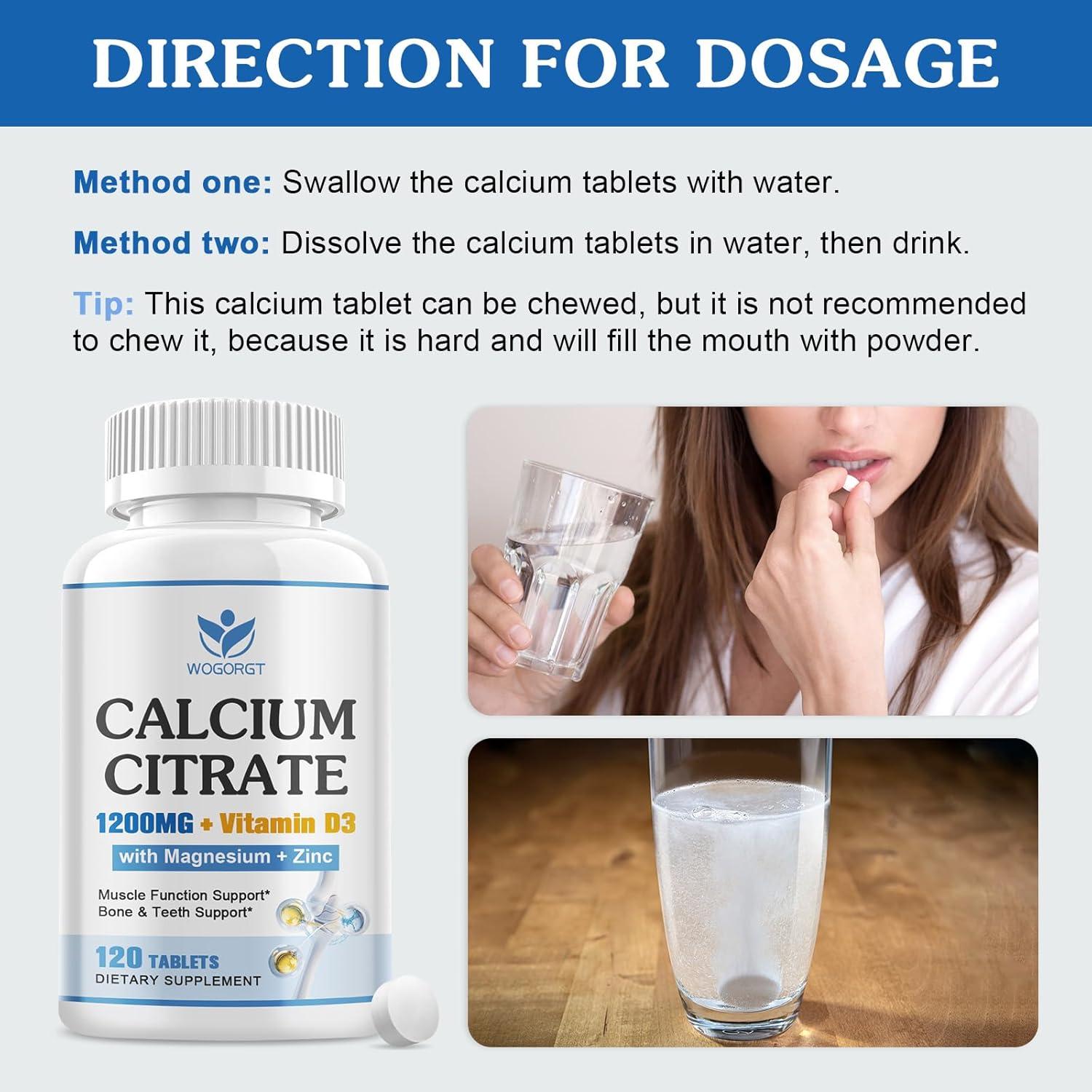 Suplemento de Citrato de Calcio 1200mg WOGORGT con D3 120 Tabletas