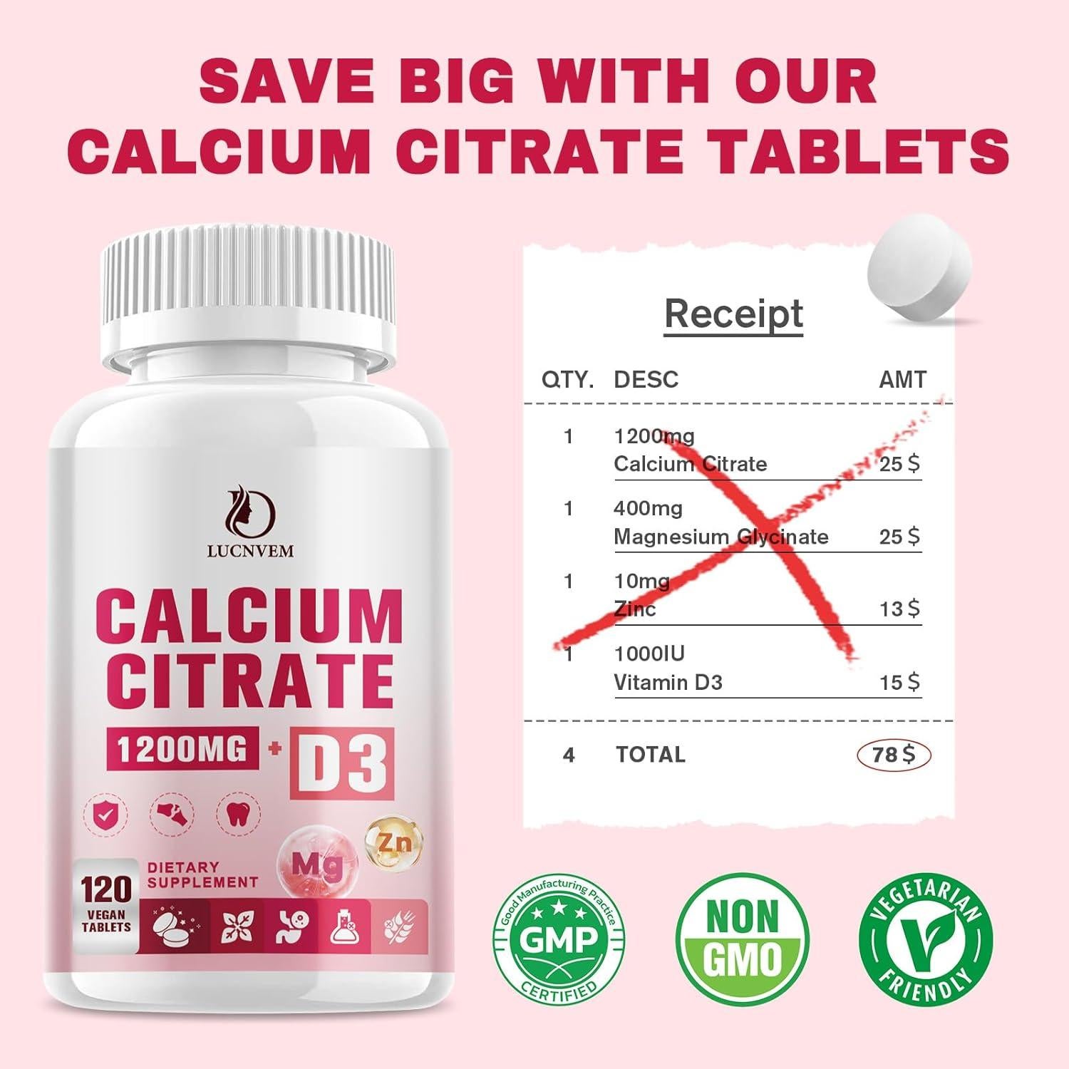 Citrato de Calcio 1200 mg LUCNVEM con Vitamina D3 120 Tabletas