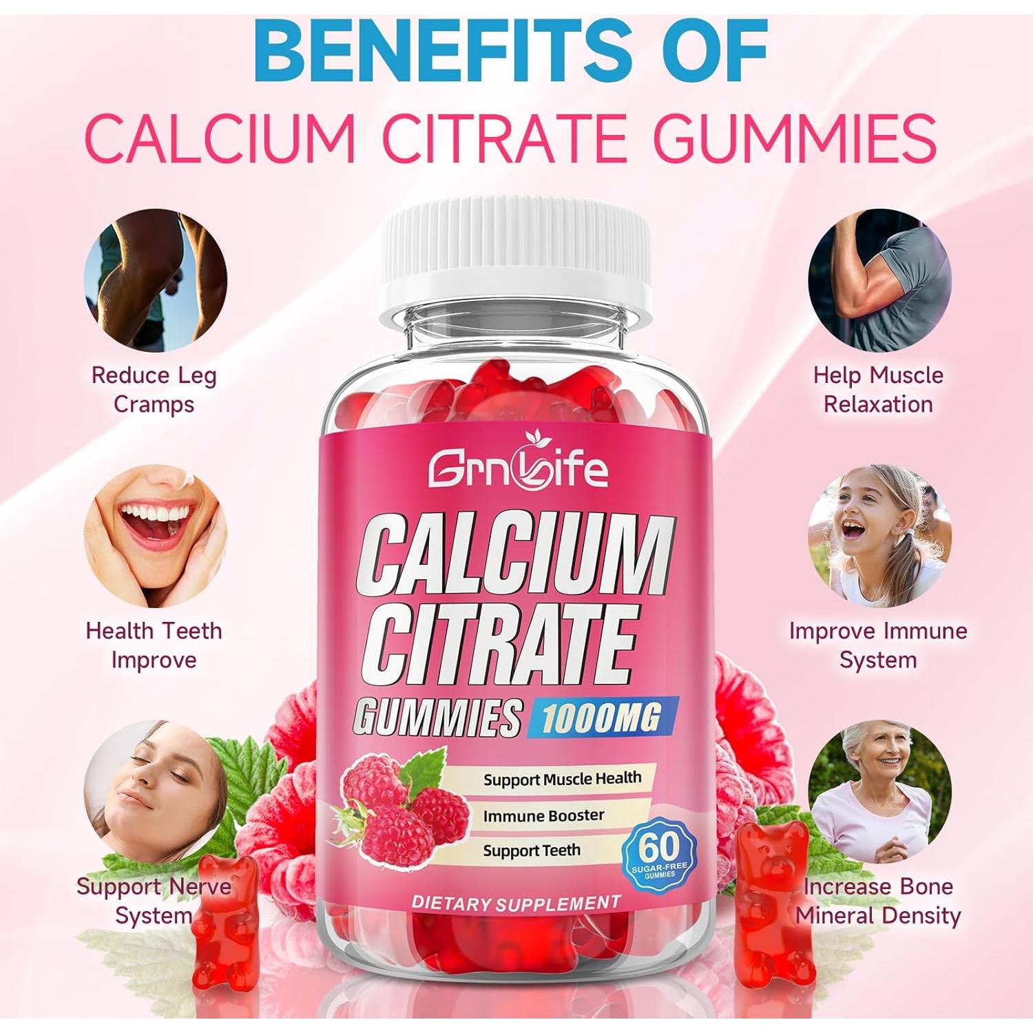 Gomitas de Citrato de Calcio GrnLife 1000mg Frambuesa 60 Unidades