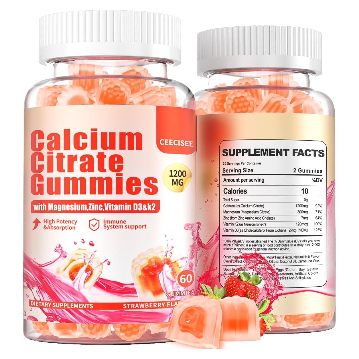 Gomitas de Citrato de Calcio 1200mg Ceecisee - Veganas, Sin Azúcar, 120 Unidades