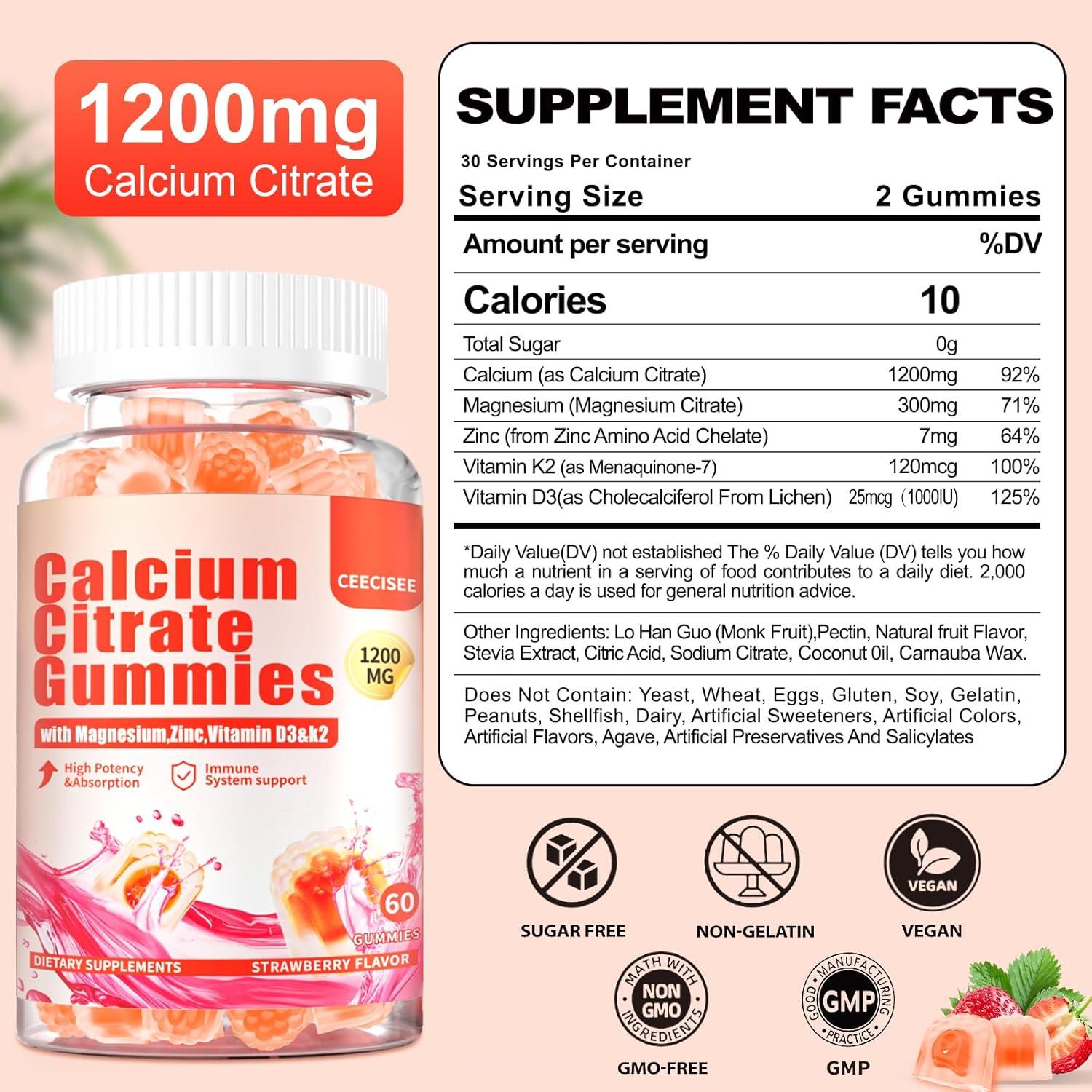 Gomitas de Citrato de Calcio 1200mg Ceecisee - Veganas, Sin Azúcar, 120 Unidades