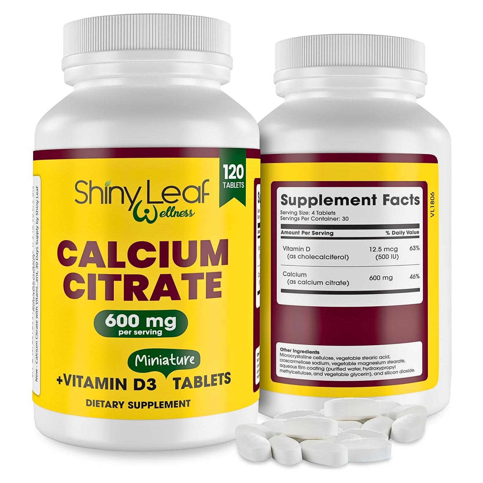 Tabletas de Calcio Shiny Leaf 600 mg con Vitamina D3 - 120 Ct
