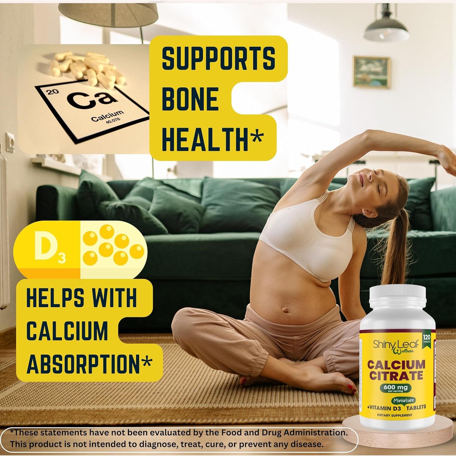 Tabletas de Calcio Shiny Leaf 600 mg con Vitamina D3 - 120 Ct