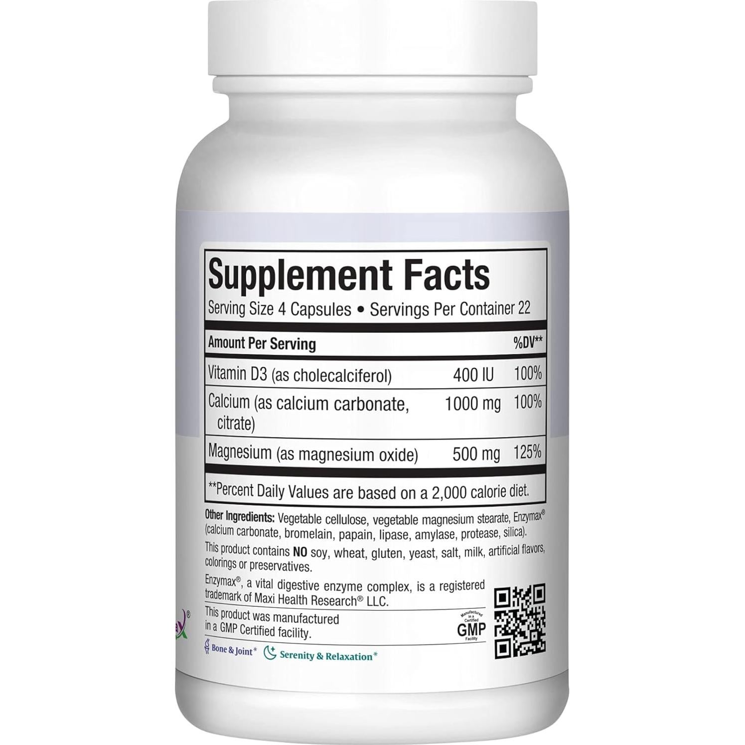 Suplemento de Calcio Maxi Health 1000 mg + D3 1000 UI + Magnesio 500 mg - 90 Cápsulas