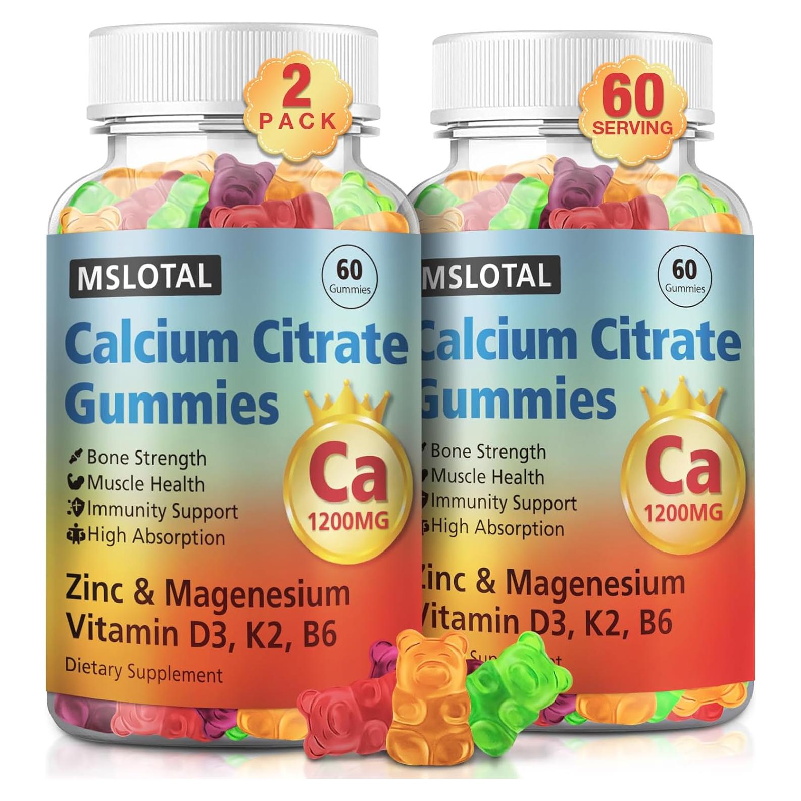 Gomitas de Citrato de Calcio MSLOTAL 1200mg con Vitamina D3 y Magnesio