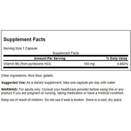 Suplemento Vitamínico B6 Piridoxina Swanson 250 Cápsulas 100mg