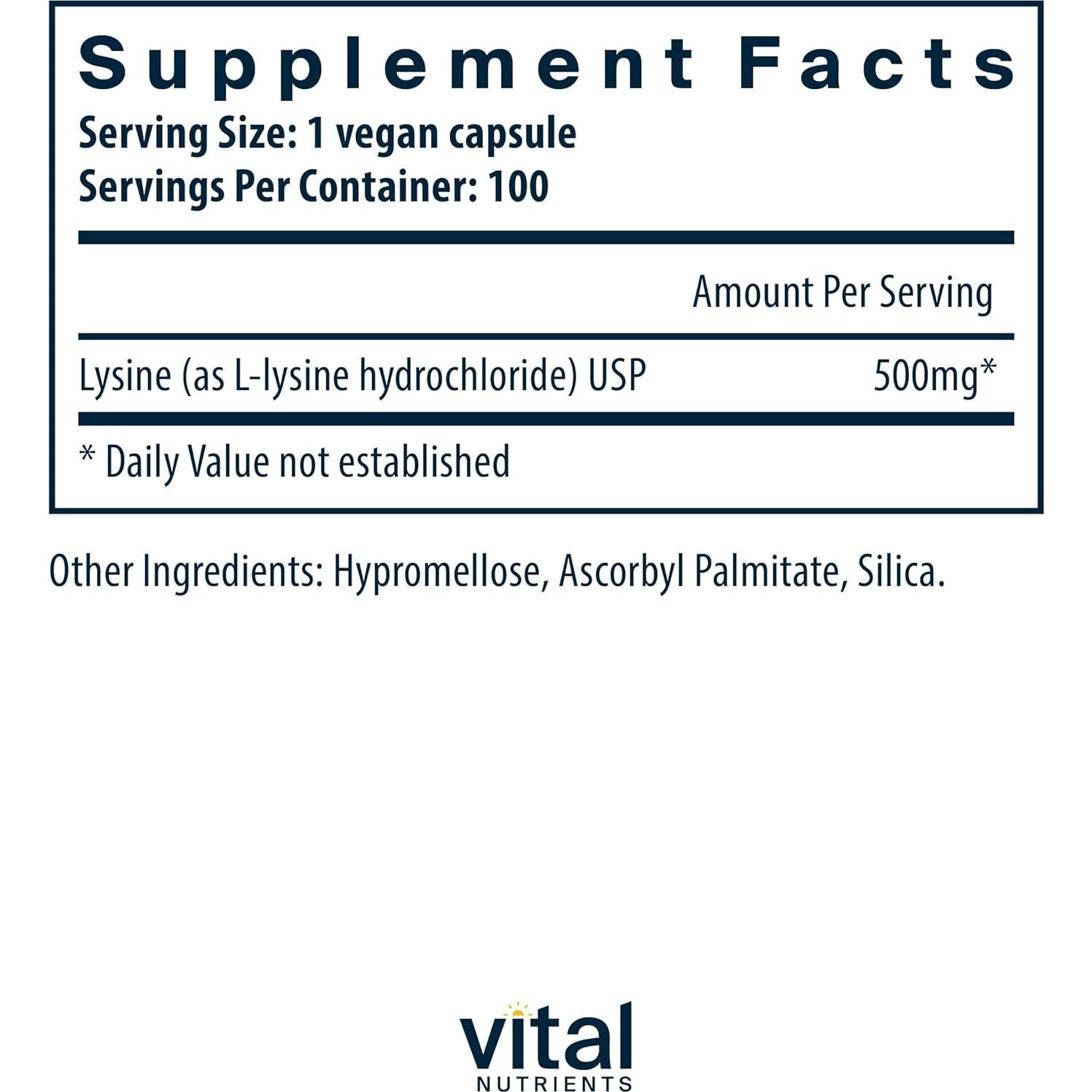Suplemento de Lisina Nutrientes Vitales 100 Cápsulas 500mg