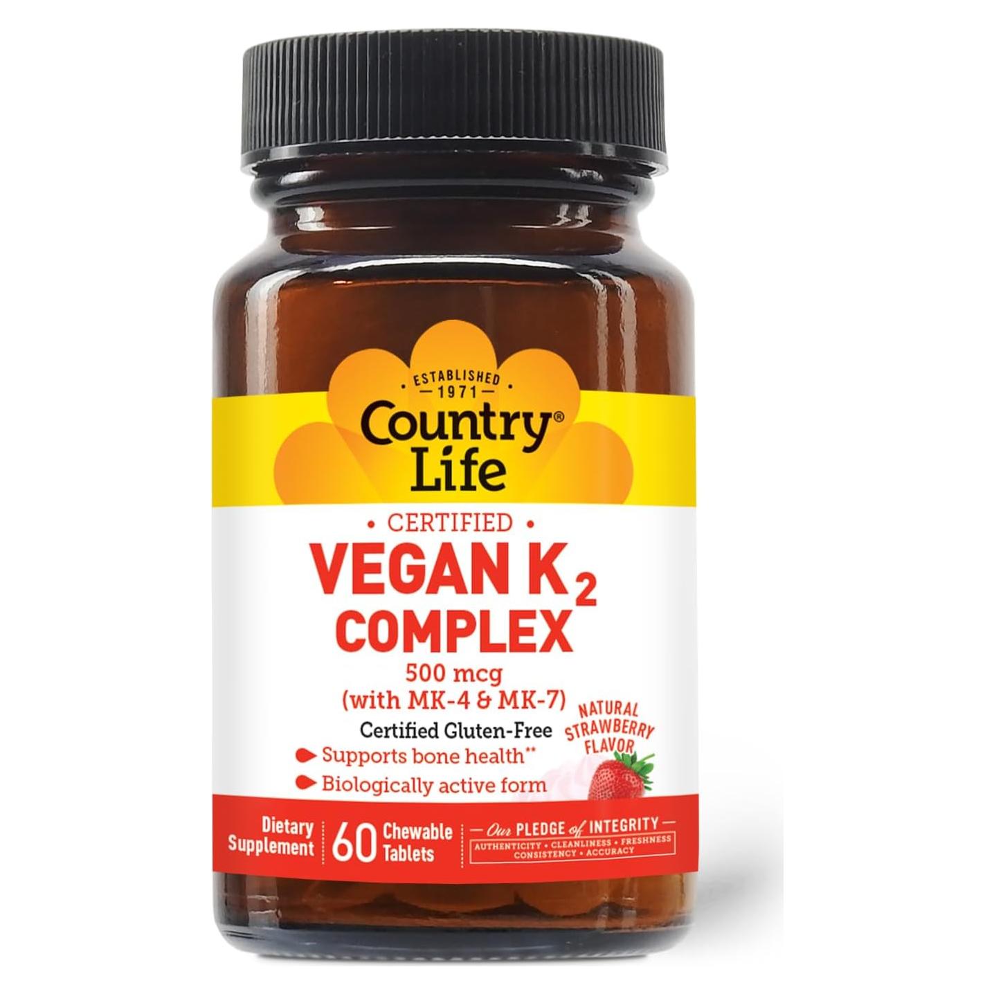Tabletas Masticables de Vitamina K2 Country Life 500 mcg - 60 Unidades - Sabor Fresa - Vegano y Sin Gluten