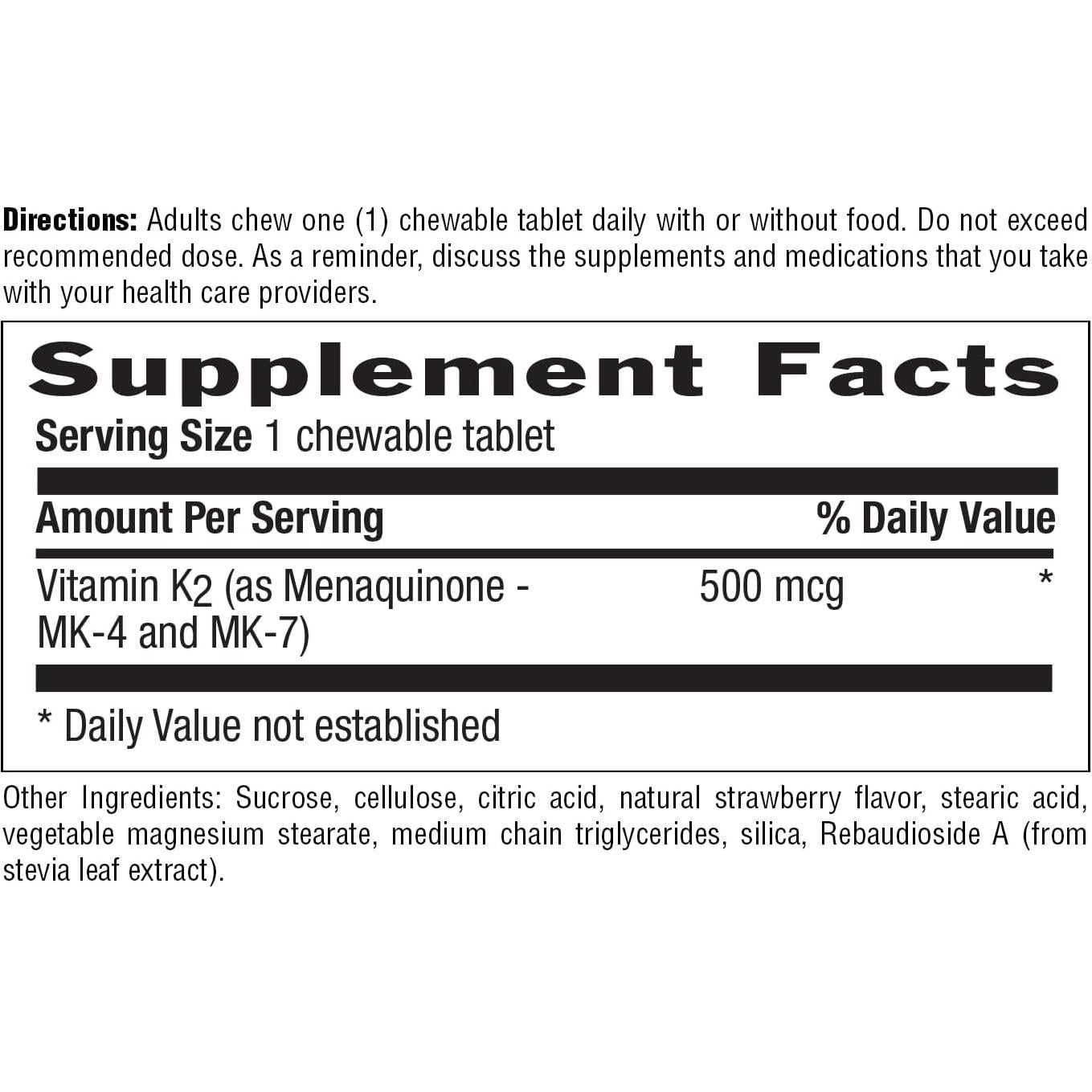 Tabletas Masticables de Vitamina K2 Country Life 500 mcg - 60 Unidades - Sabor Fresa - Vegano y Sin Gluten