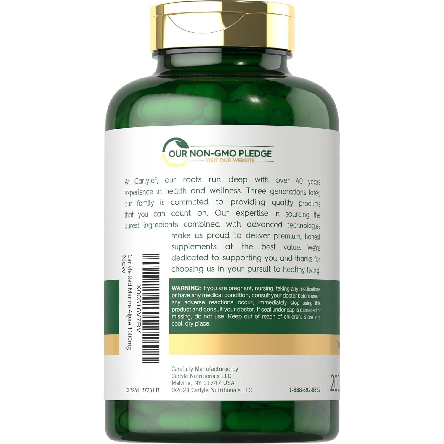 Cápsulas de Algas Marinas Rojas Carlyle 1600mg | 200 Unidades | Suplemento Vegetariano