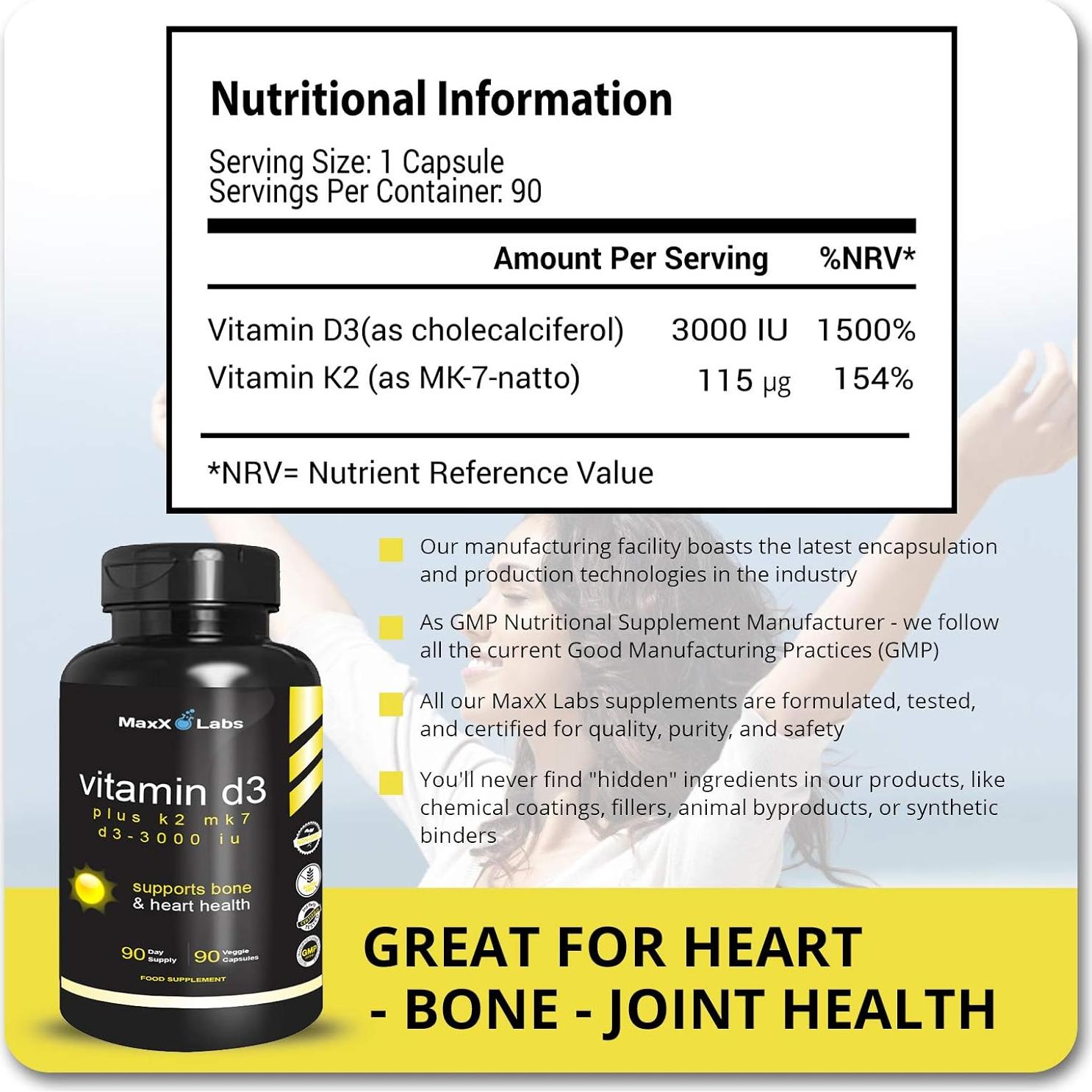 Vitamina D3 K2 3000 UI MaxX Labs - 90 Cápsulas Sin Gluten