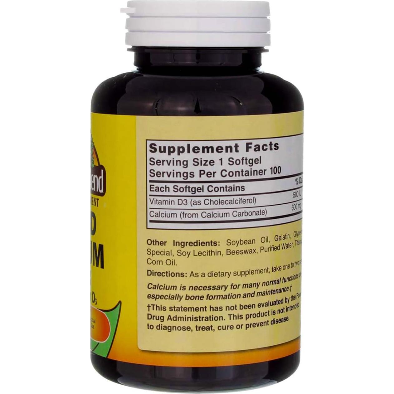 Suplemento de Calcio Líquido Mezcla Natural 600mg D-3 100 Cápsulas