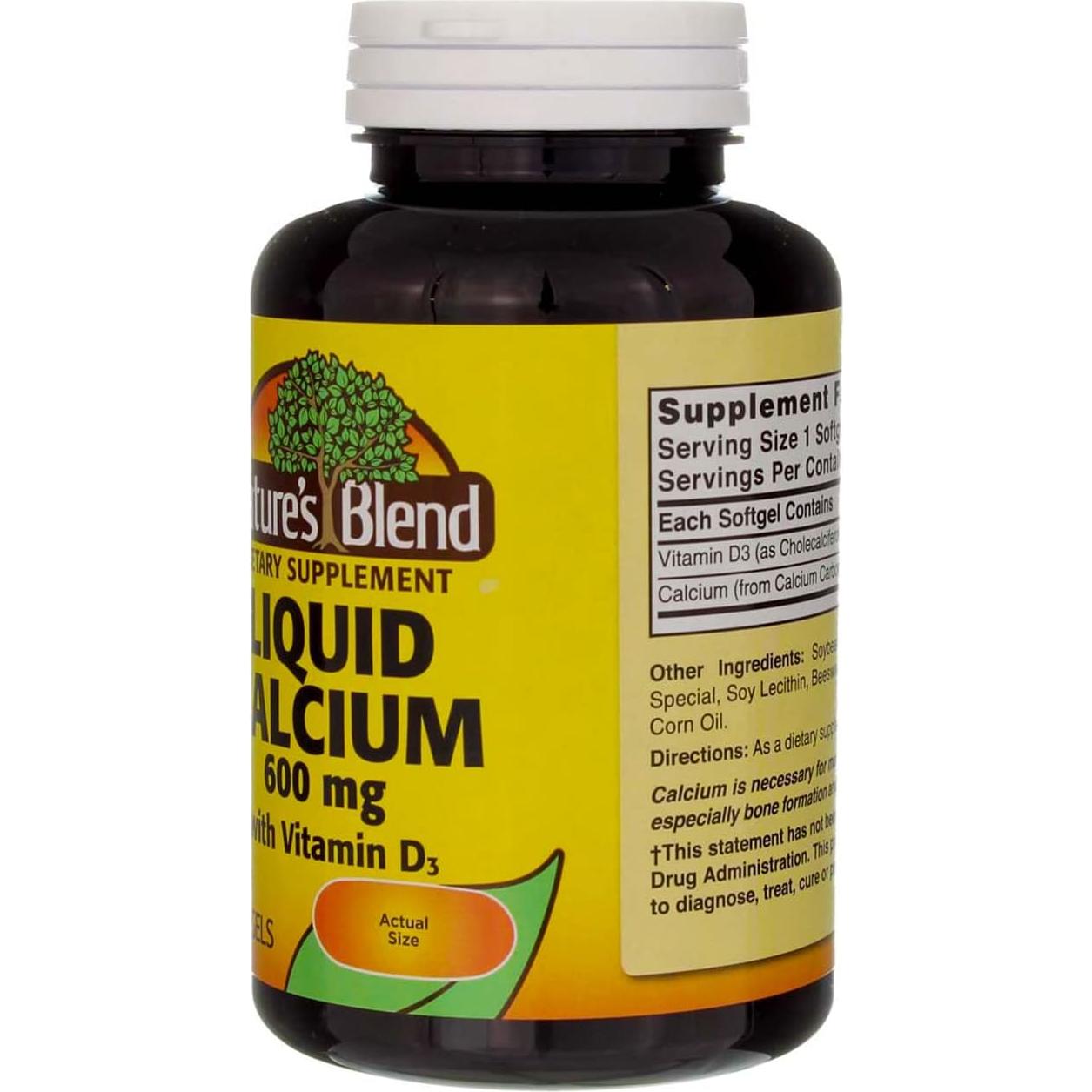 Suplemento de Calcio Líquido Mezcla Natural 600mg D-3 100 Cápsulas
