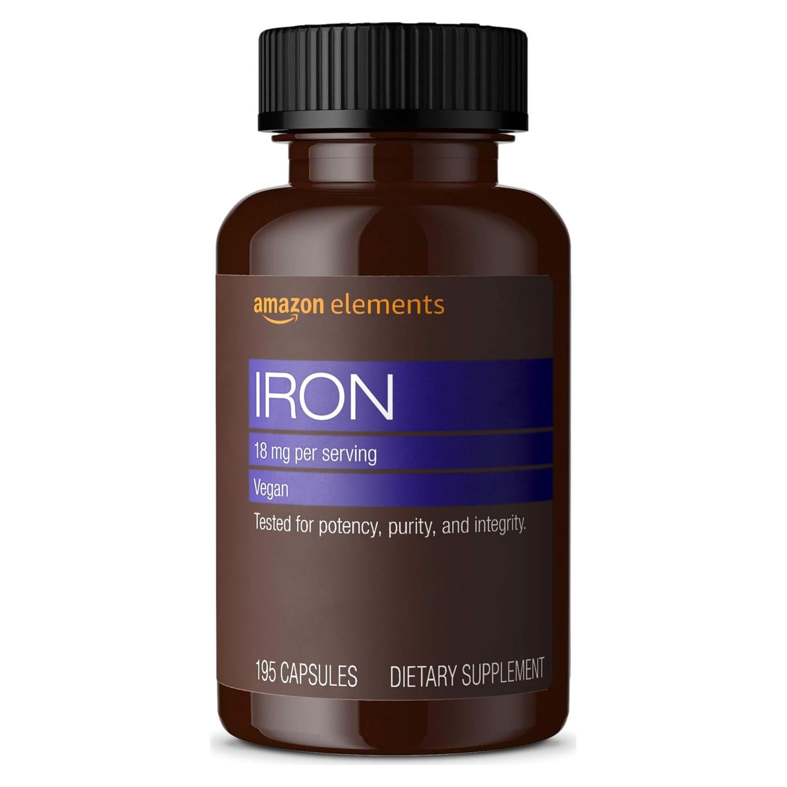 Cápsulas de Hierro Amazon Elements 18mg Veganas 195 Unidades