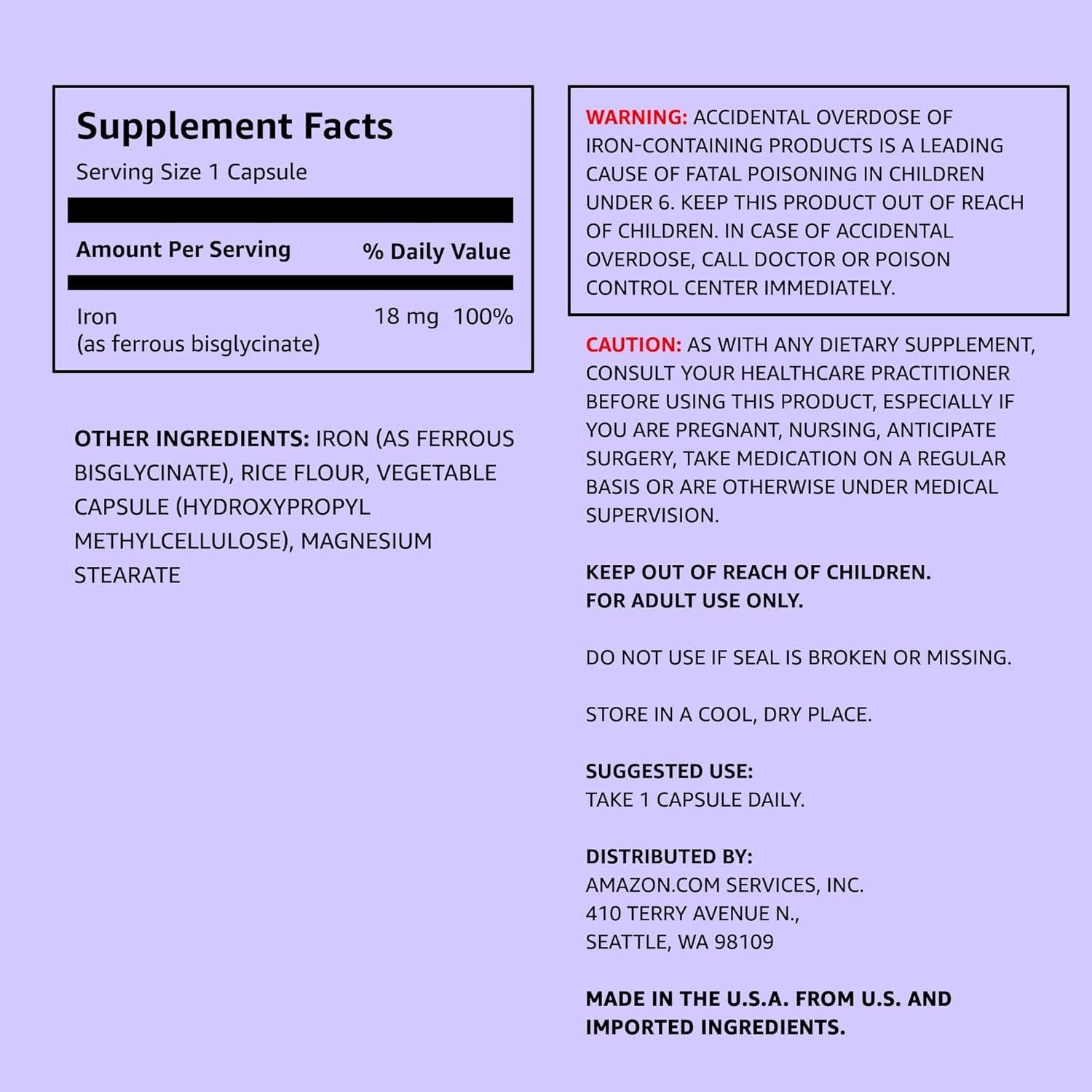 Cápsulas de Hierro Amazon Elements 18mg Veganas 195 Unidades