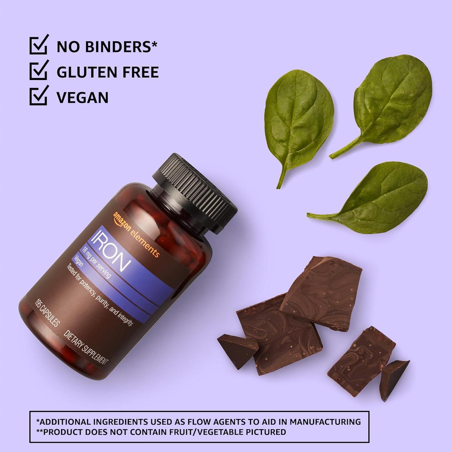 Cápsulas de Hierro Amazon Elements 18mg Veganas 195 Unidades