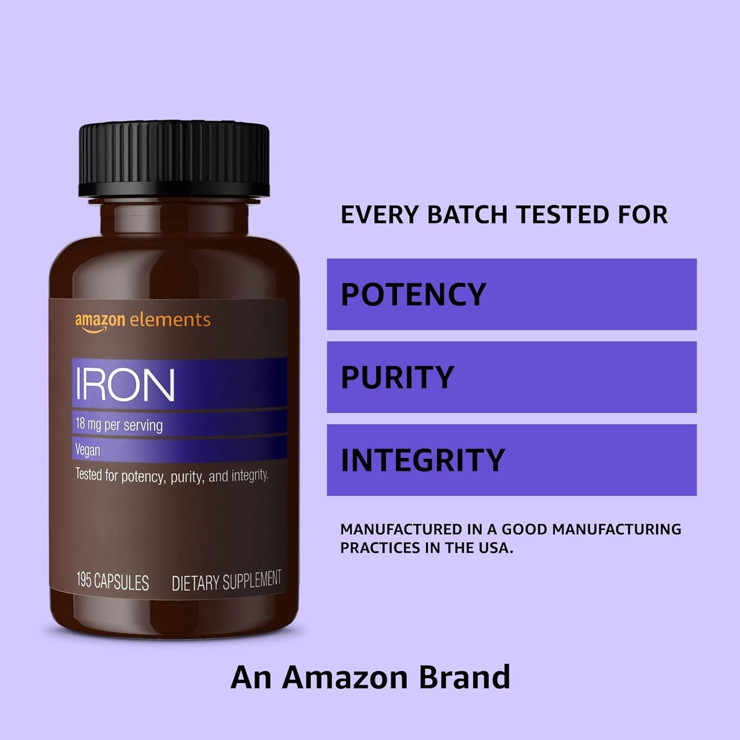 Cápsulas de Hierro Amazon Elements 18mg Veganas 195 Unidades