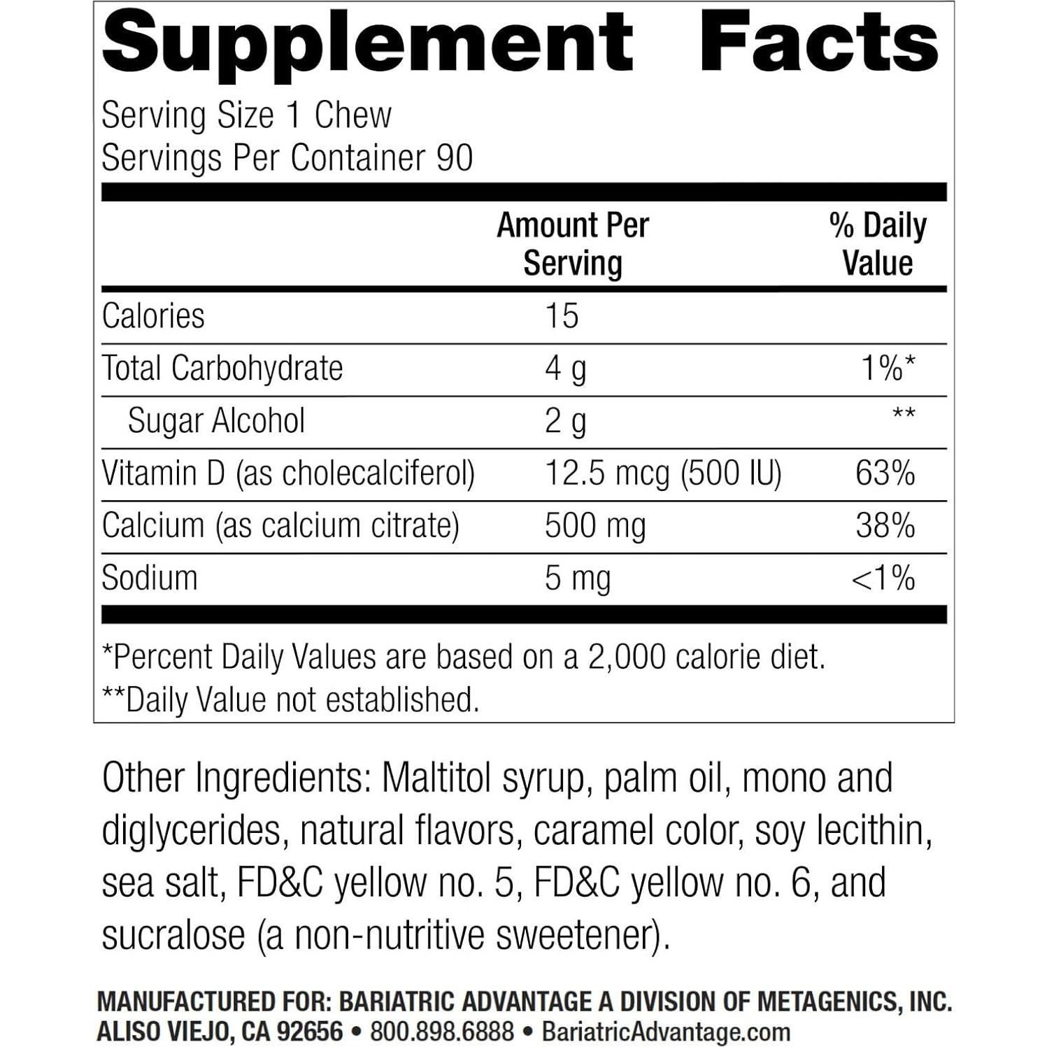 Bocados Masticables de Calcio Bariatric Advantage 500 mg - Sabor Caramelo - 90 Unidades