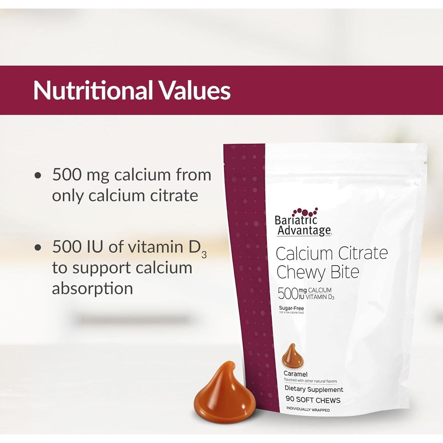 Bocados Masticables de Calcio Bariatric Advantage 500 mg - Sabor Caramelo - 90 Unidades