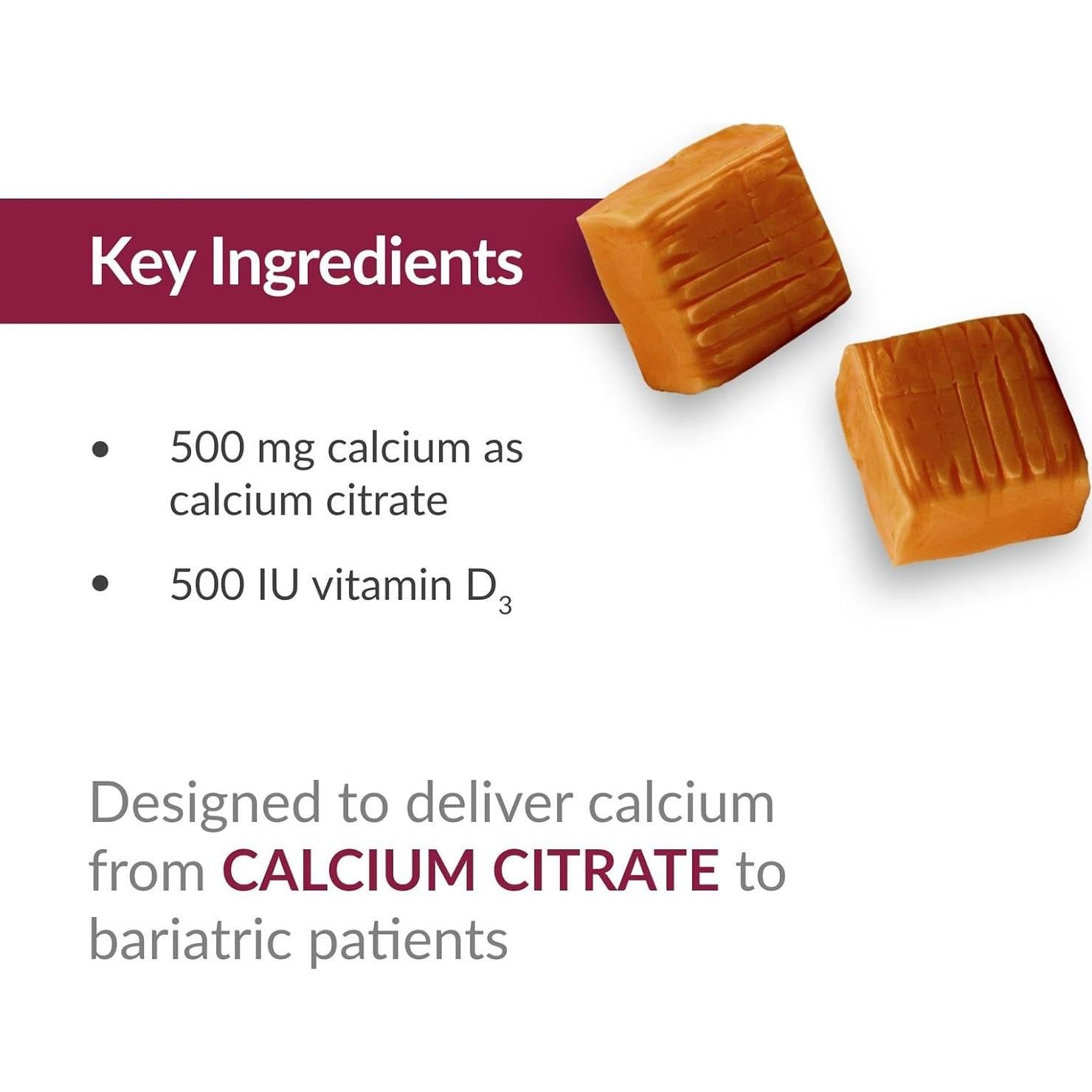 Bocados Masticables de Calcio Bariatric Advantage 500 mg - Sabor Caramelo - 90 Unidades