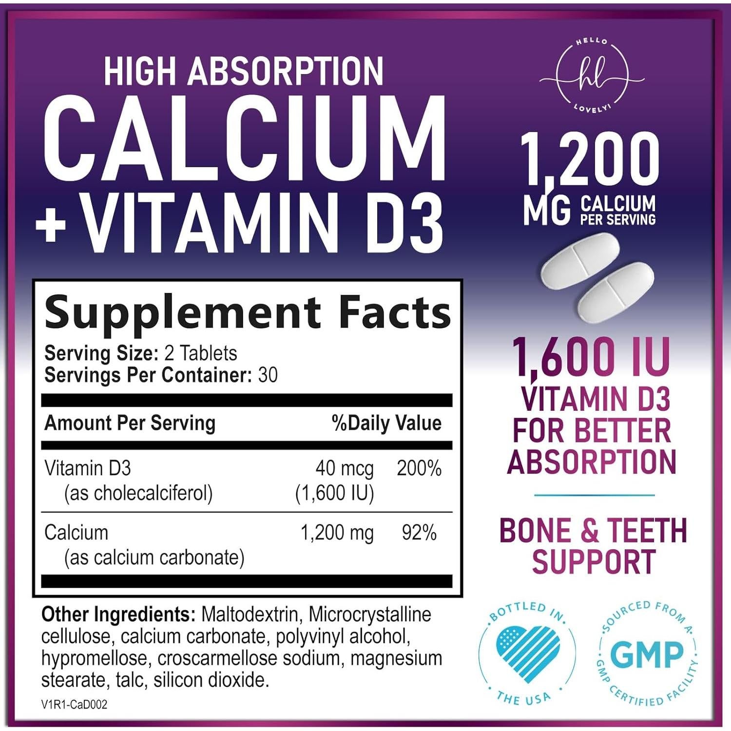 Suplemento de Calcio Hello Lovely! 1200 mg + 1600 IU Vitamina D3 - 60 Tabletas