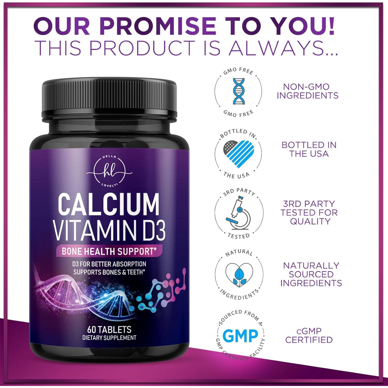 Suplemento de Calcio Hello Lovely! 1200 mg + 1600 IU Vitamina D3 - 60 Tabletas