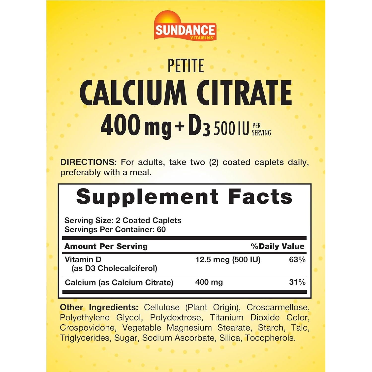 Citrato de Calcio Sundance 400mg + Vitamina D3 120 Tabletas