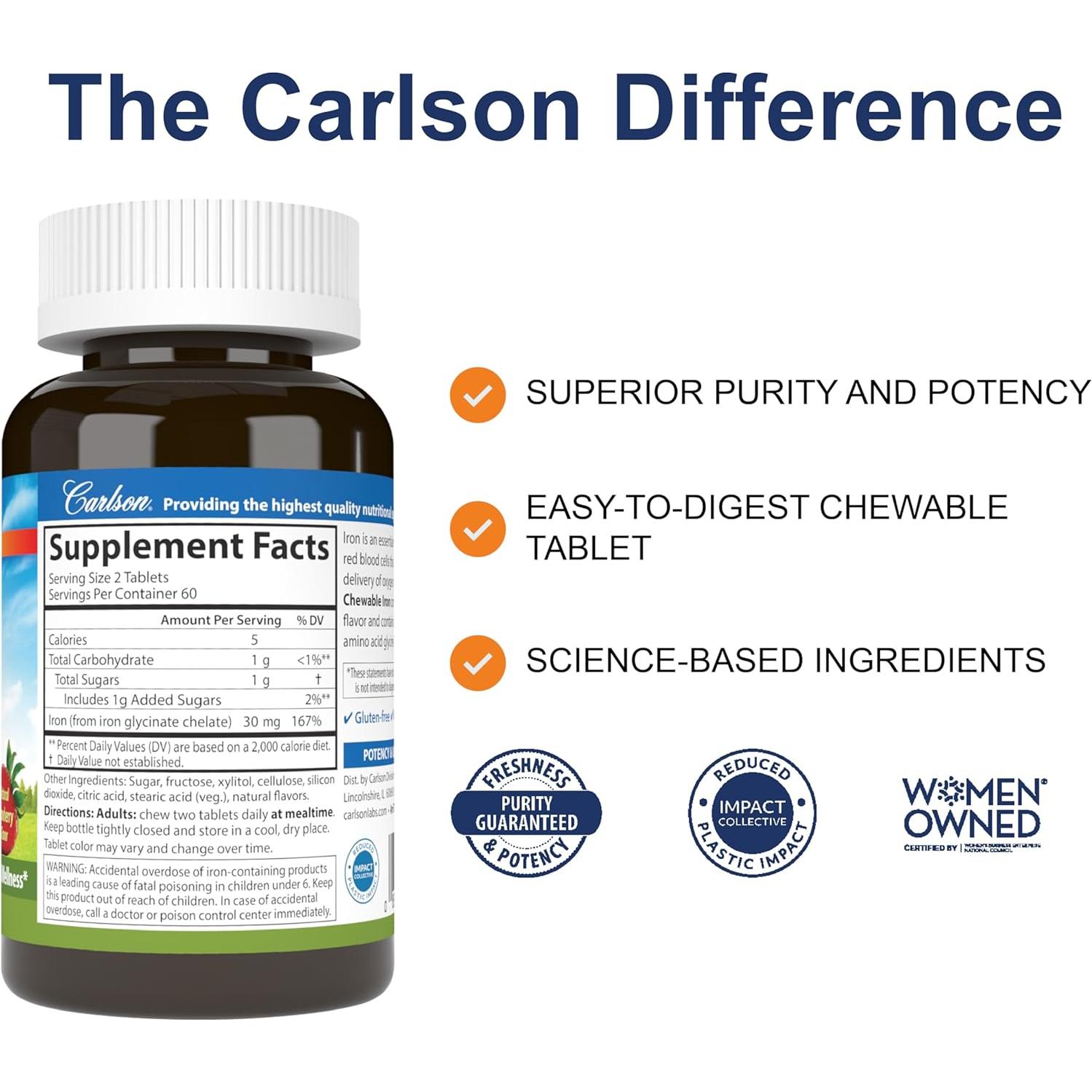 Suplemento de Hierro Masticable Carlson 30 mg Sabor Fresa 120 Tabletas