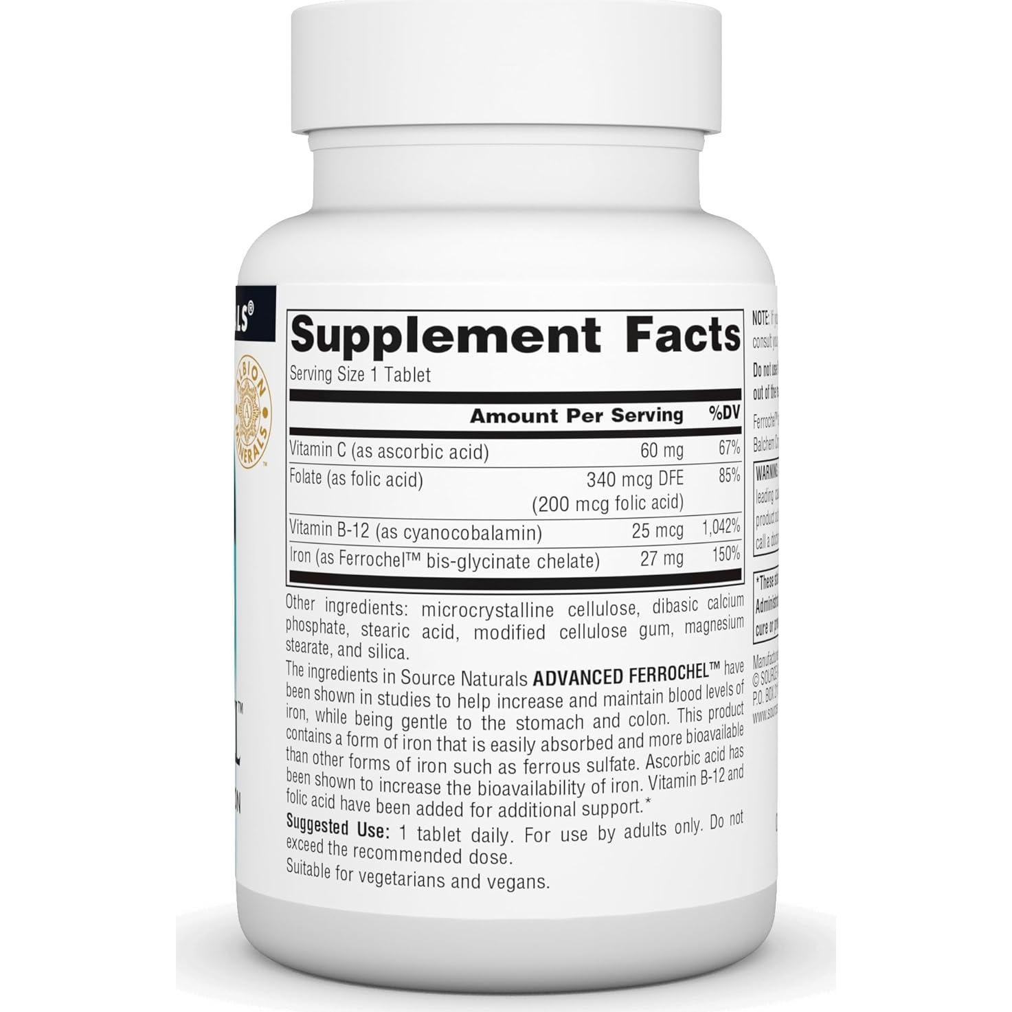 Suplemento de Hierro Source Naturals Advanced Ferrochel 27 mg - 180 Tabletas