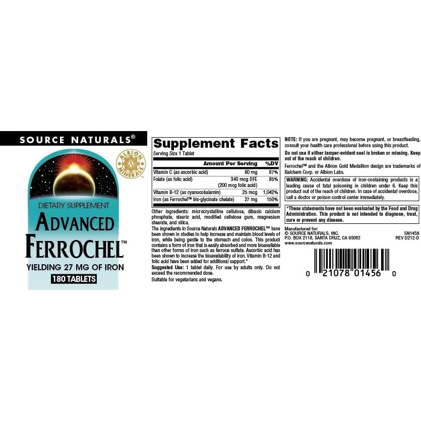 Suplemento de Hierro Source Naturals Advanced Ferrochel 27 mg - 180 Tabletas