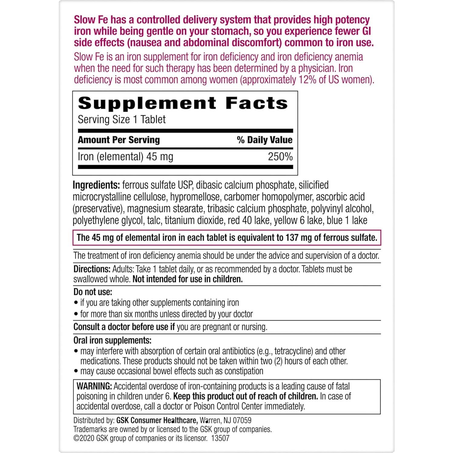 Suplemento de Hierro Slow Fe 45mg - 60 Tabletas Fáciles de Tragar